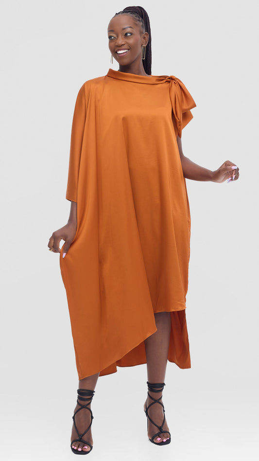 Vivo Takali Asymmetrical Midi Length Kaftan In Satin - Rust