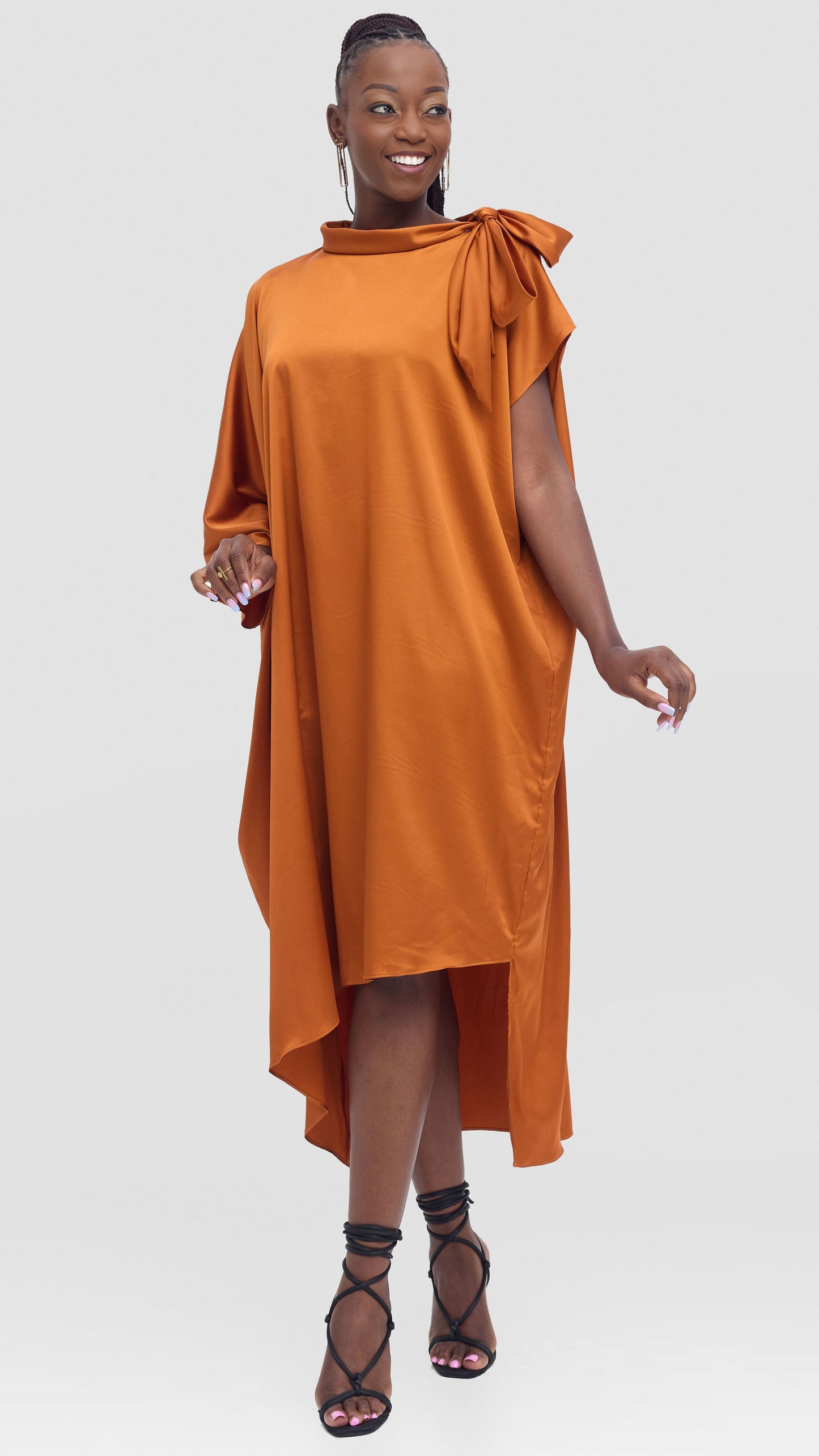 Vivo Takali Asymmetrical Midi Length Kaftan In Satin - Rust