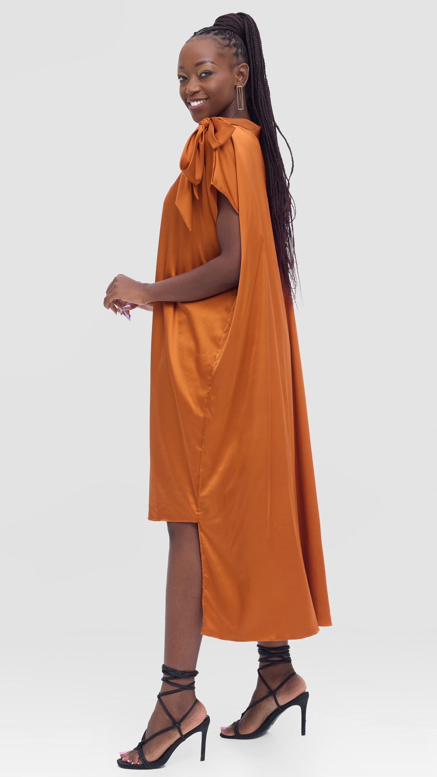 Vivo Takali Asymmetrical Midi Length Kaftan In Satin - Rust