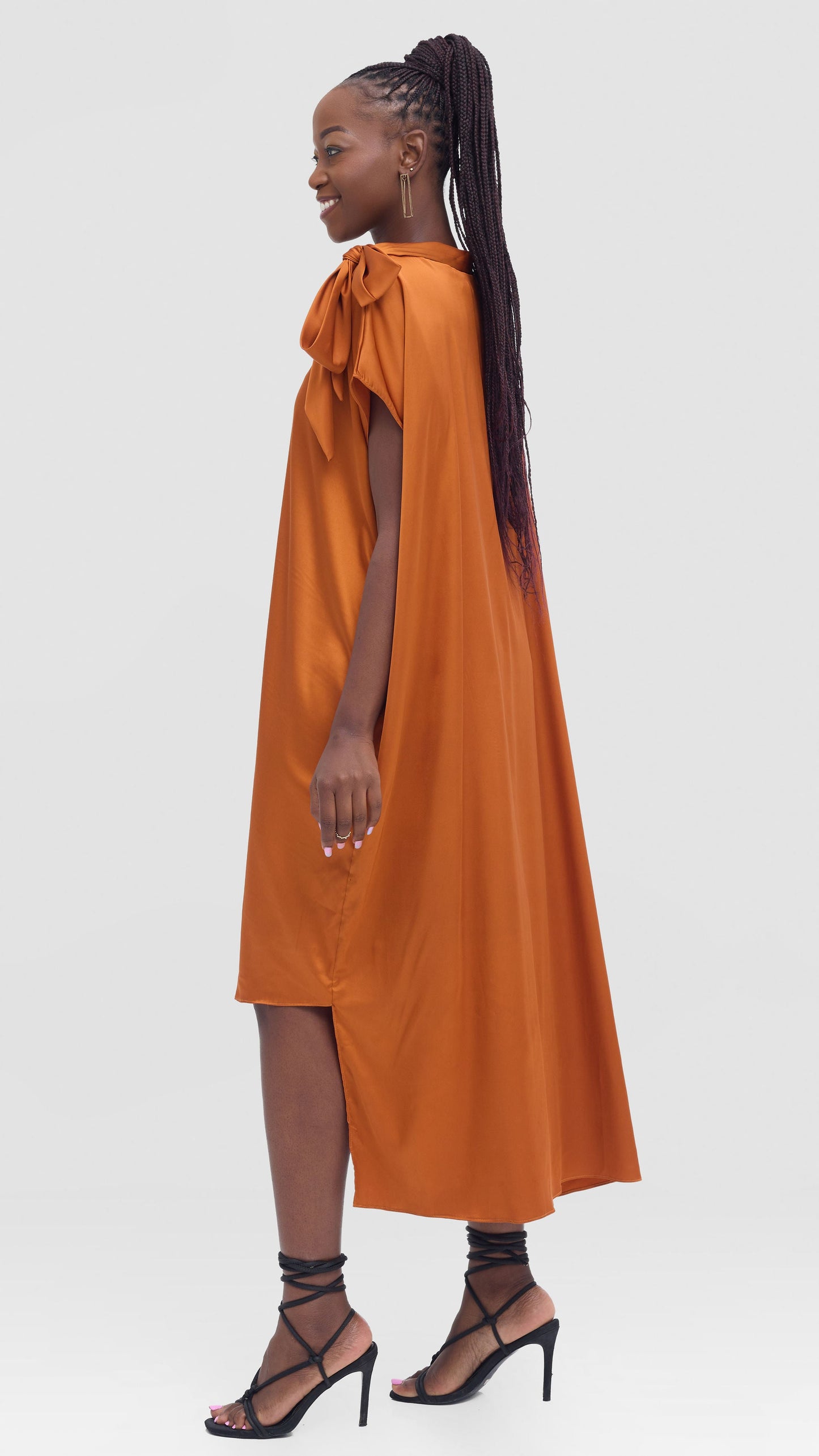 Vivo Takali Asymmetrical Midi Length Kaftan In Satin - Rust