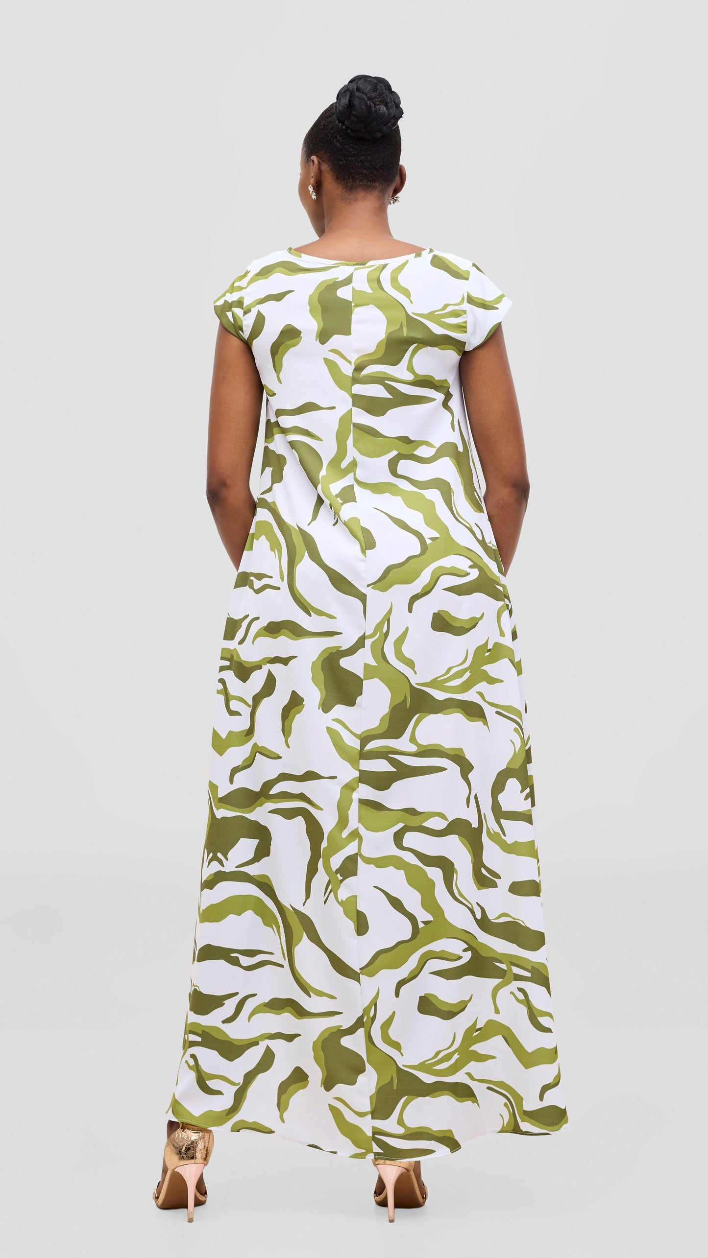 Vivo Basic Round Neck Maxi Dress - White / Green Ika Print