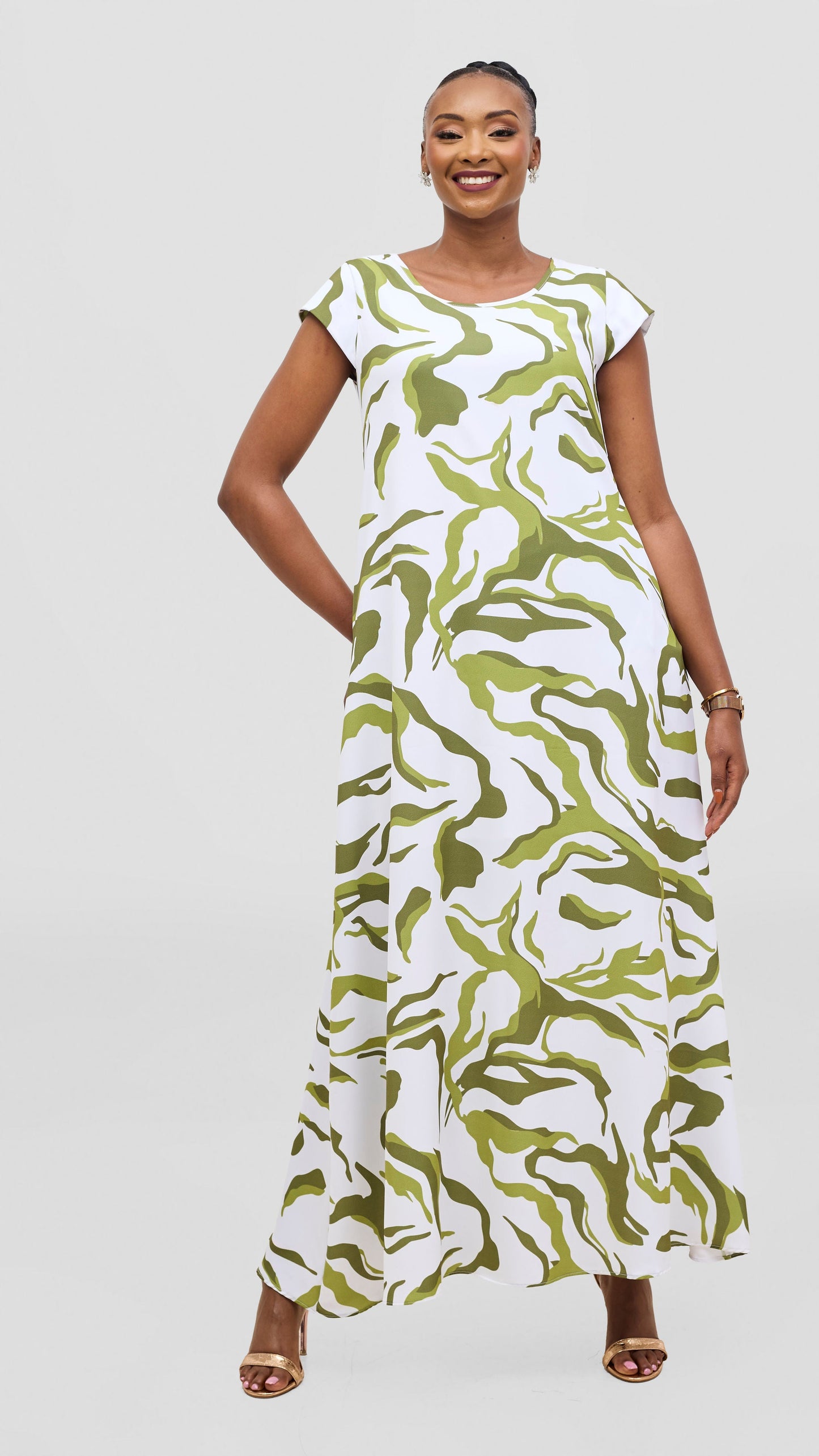 Vivo Basic Round Neck Maxi Dress - White / Green Ika Print