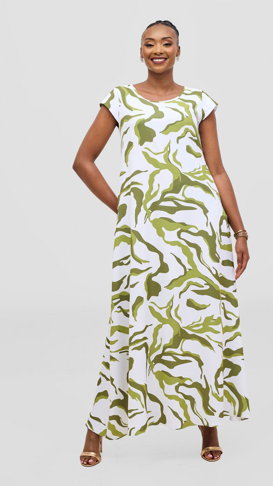 Vivo Basic Round Neck Maxi Dress - White / Green Ika Print