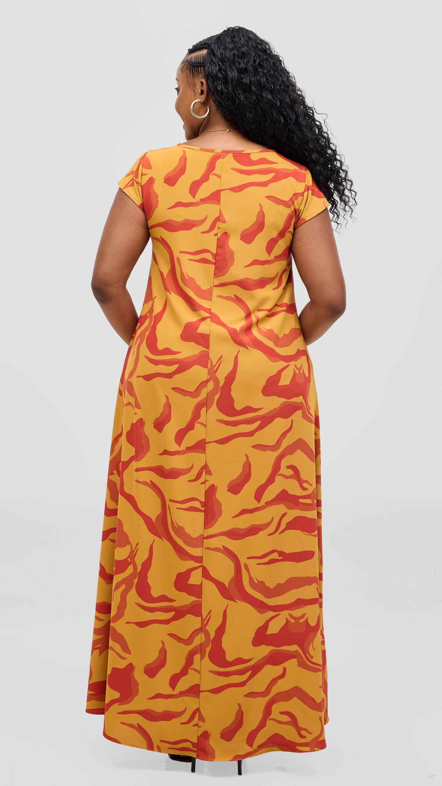 Vivo Basic Round Neck Maxi Dress - Mustard / Orange Ika Print