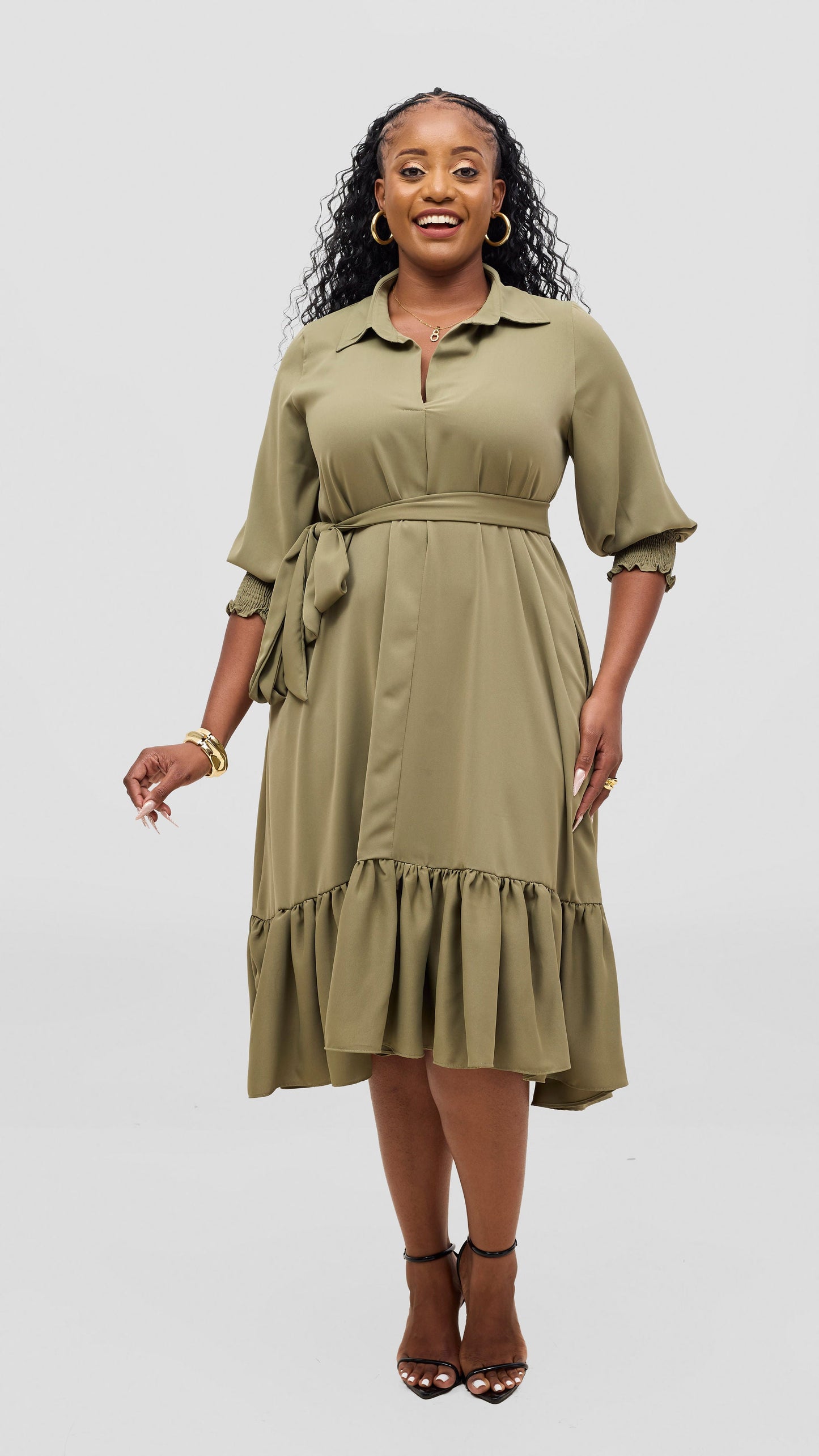 Vivo Serwa Flounce Dress - Olive