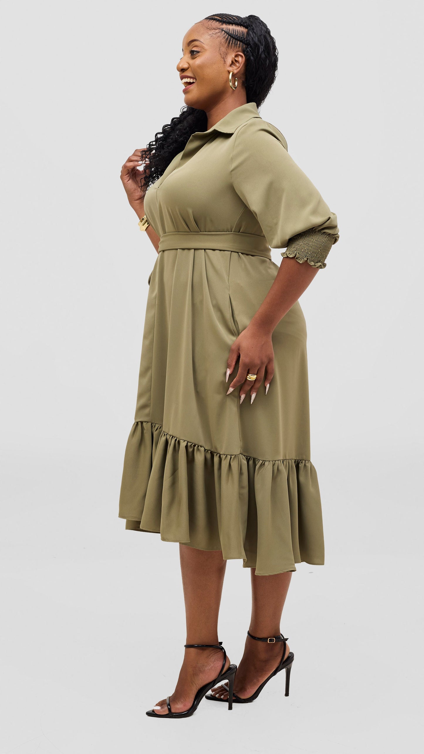 Vivo Serwa Flounce Dress - Olive