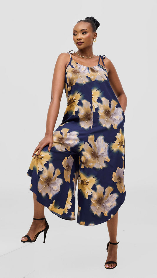 Vivo Liora Strappy Culotte Jumpsuit - Navy / Tan Print