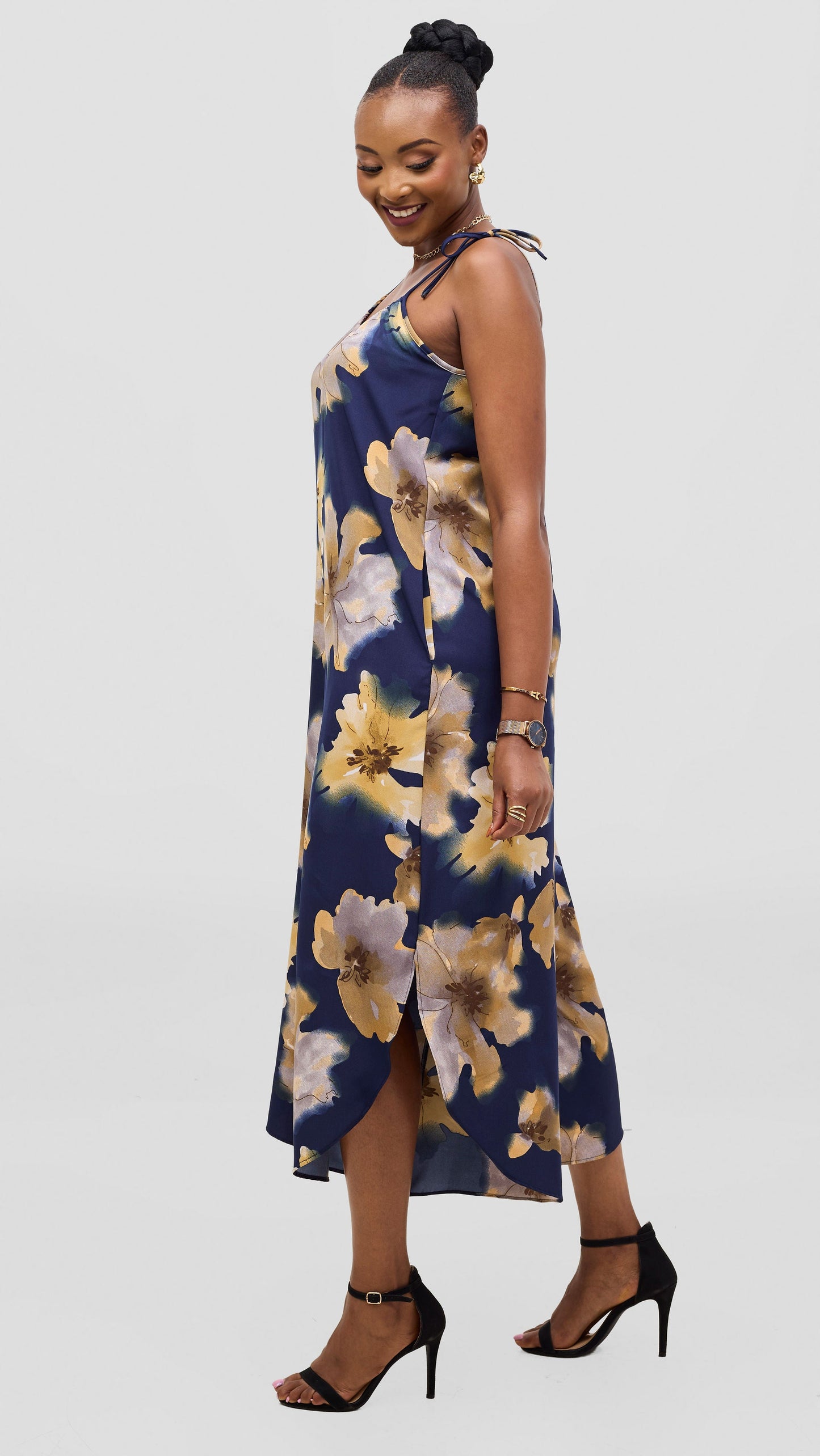Vivo Liora Strappy Culotte Jumpsuit - Navy / Tan Print