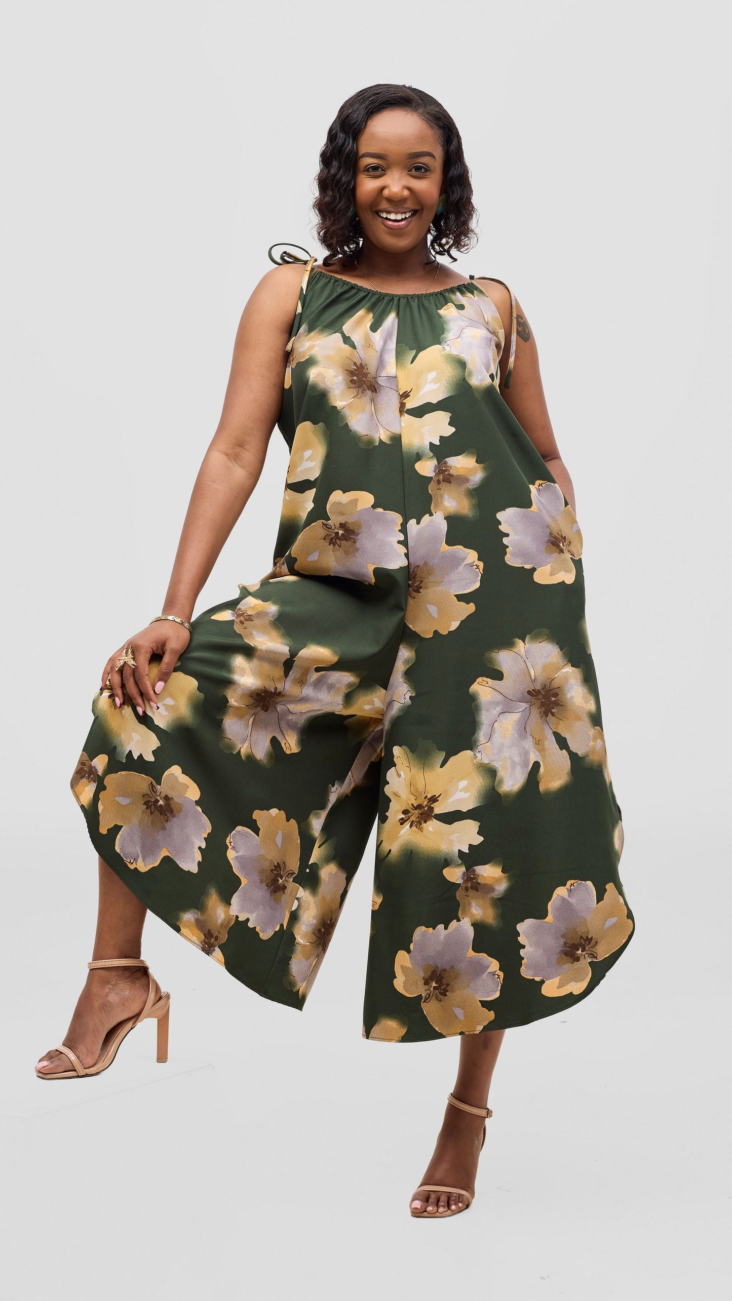 Vivo Liora Strappy Culotte Jumpsuit - Dark Green / Tan Print