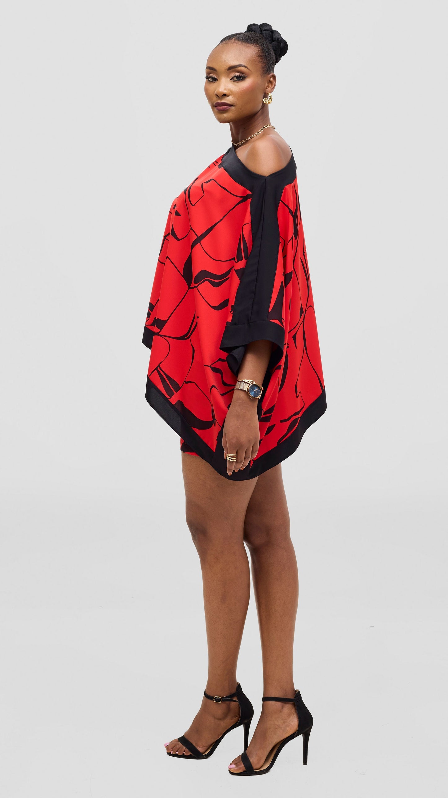 Vivo Liora Kaftan Top - Red / Black Ziza Print