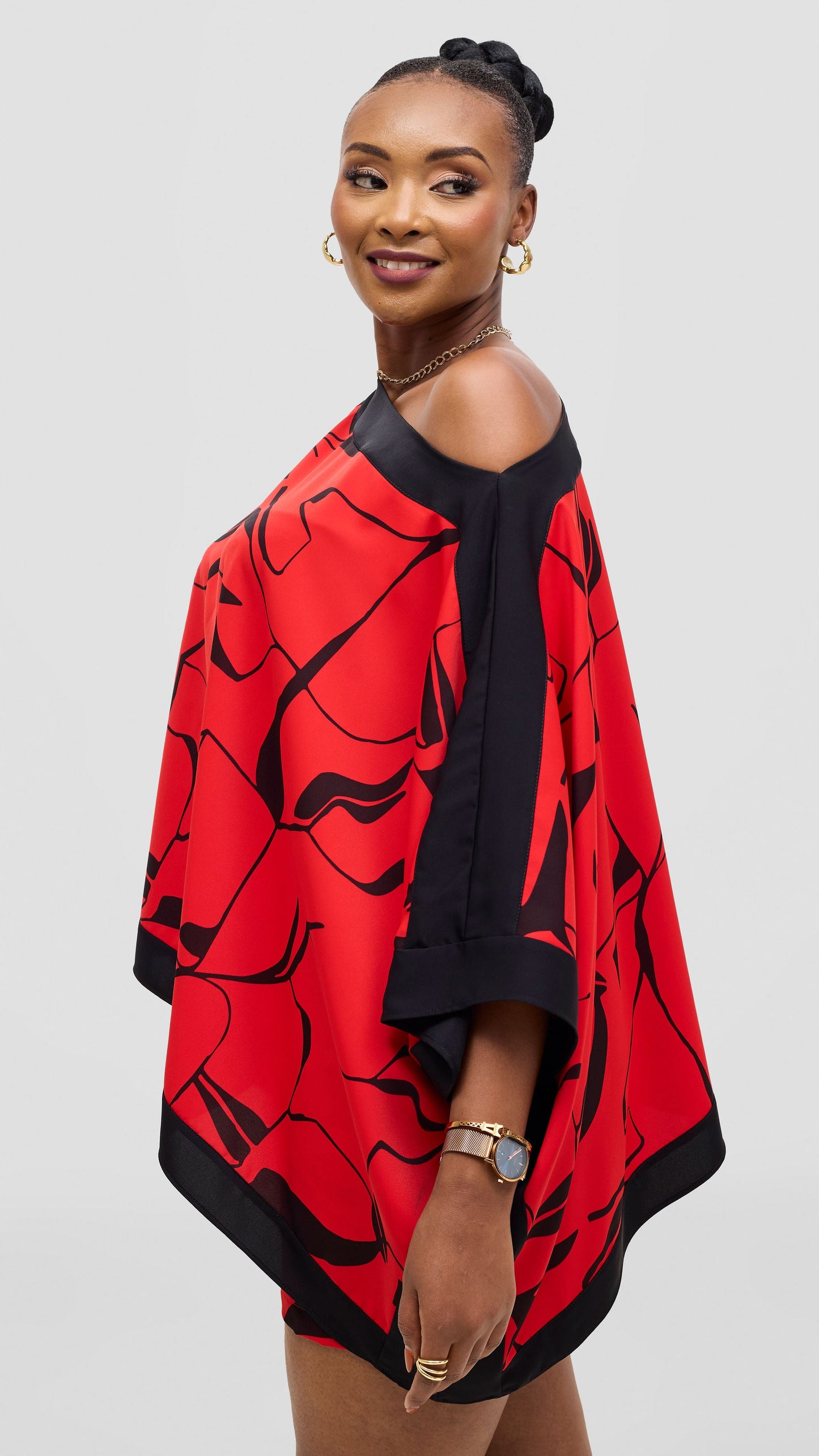 Vivo Liora Kaftan Top - Red / Black Ziza Print