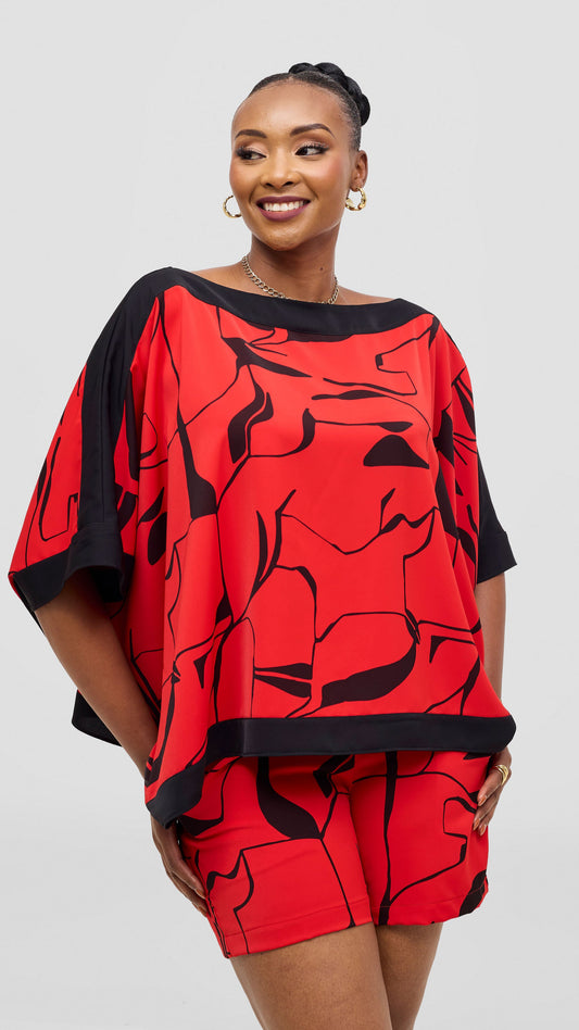 Vivo Liora Kaftan Top - Red / Black Ziza Print