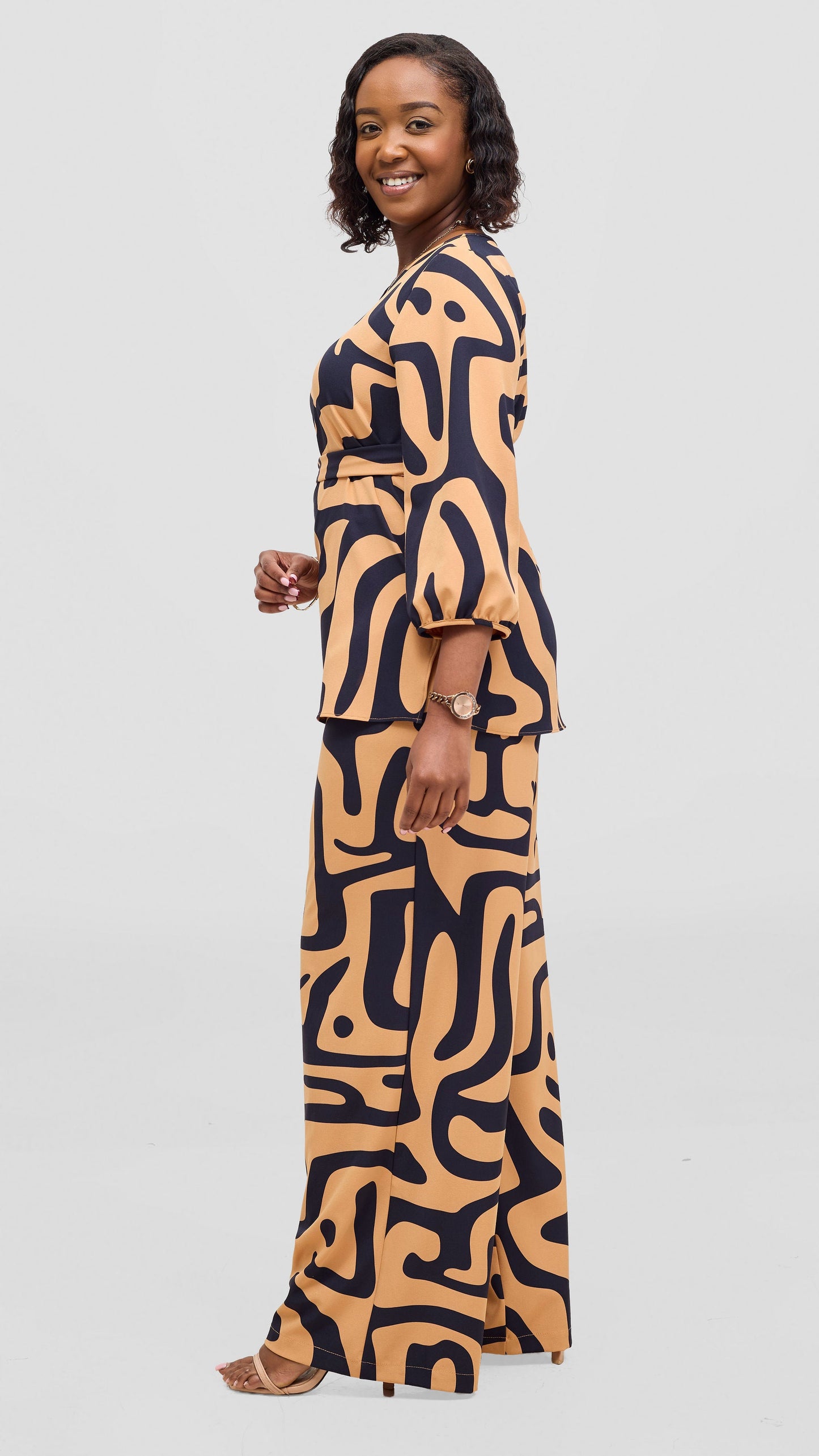Vivo Kani Wide Leg Pants - Light Mustard / Navy Tamra Print