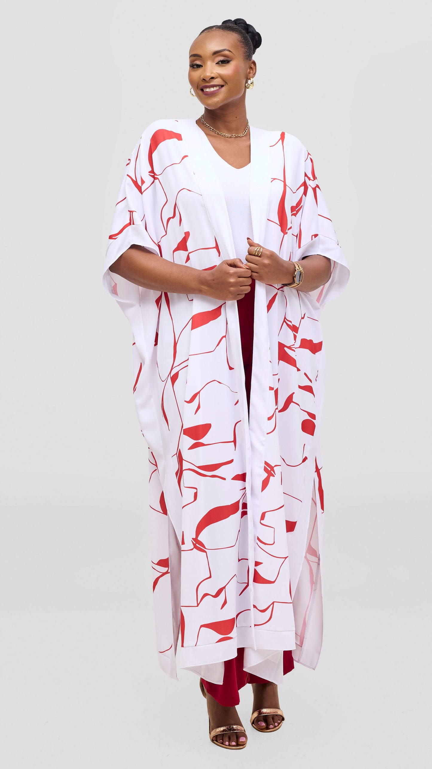 Vivo Liora Maxi Kimono - White / Red Ziza Print