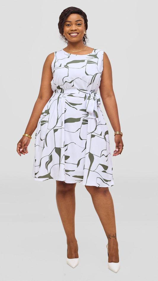Vivo Basic Sleeveless Tent Dress - White / Olive Ziza Print
