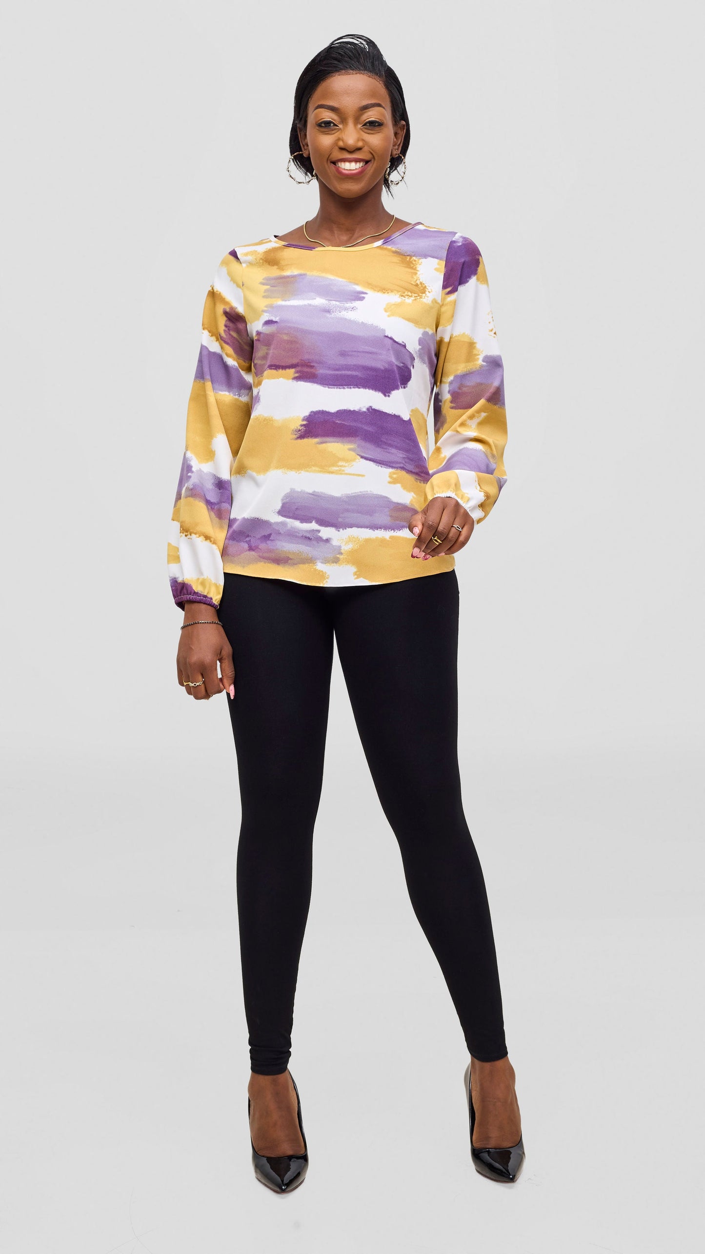 Vivo Basic Crepe Bishop Sleeve Top - Gold / Purple Print