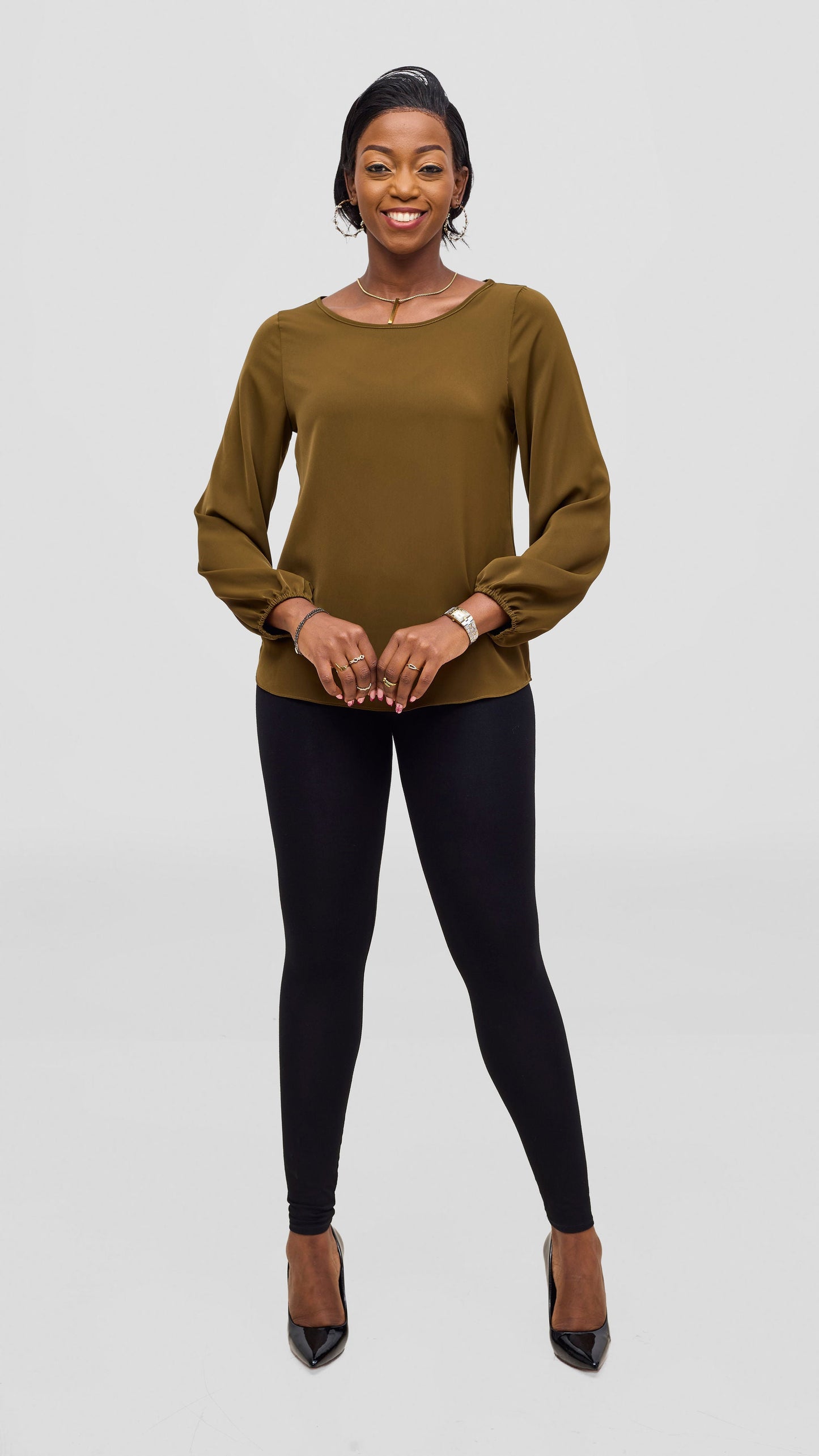 Vivo Basic Crepe Bishop Sleeve Top - Dark Olive