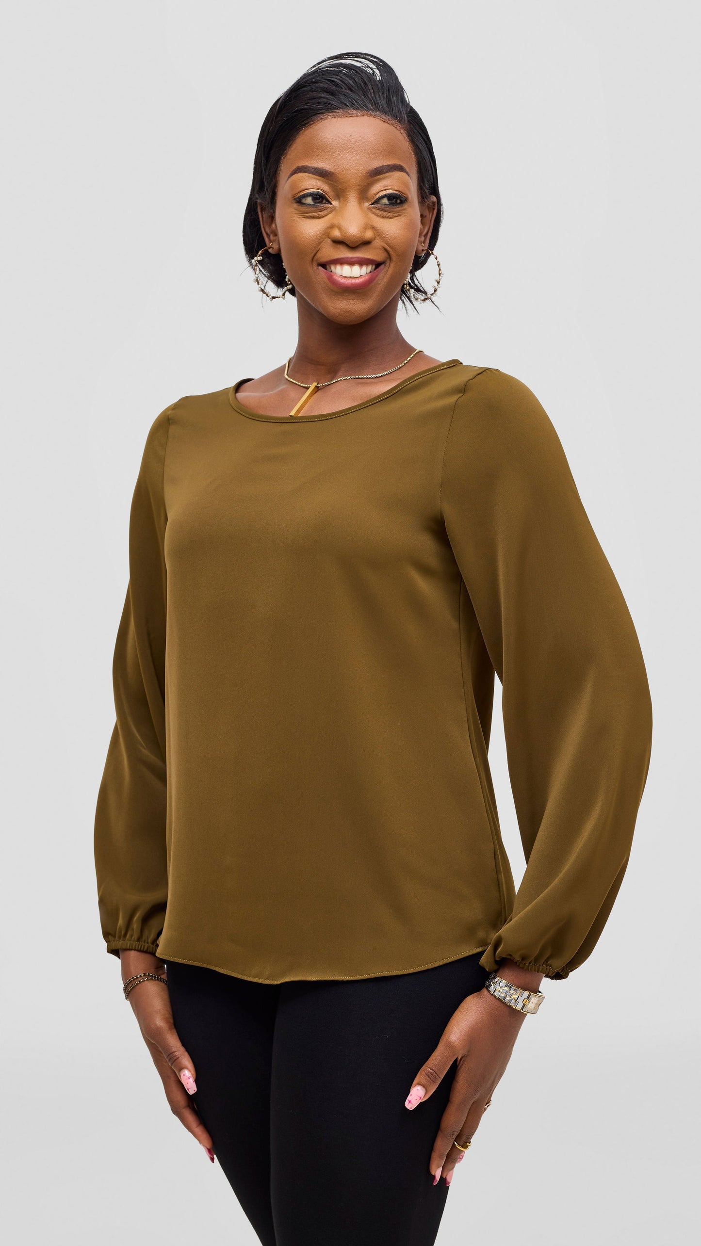 Vivo Basic Crepe Bishop Sleeve Top - Dark Olive