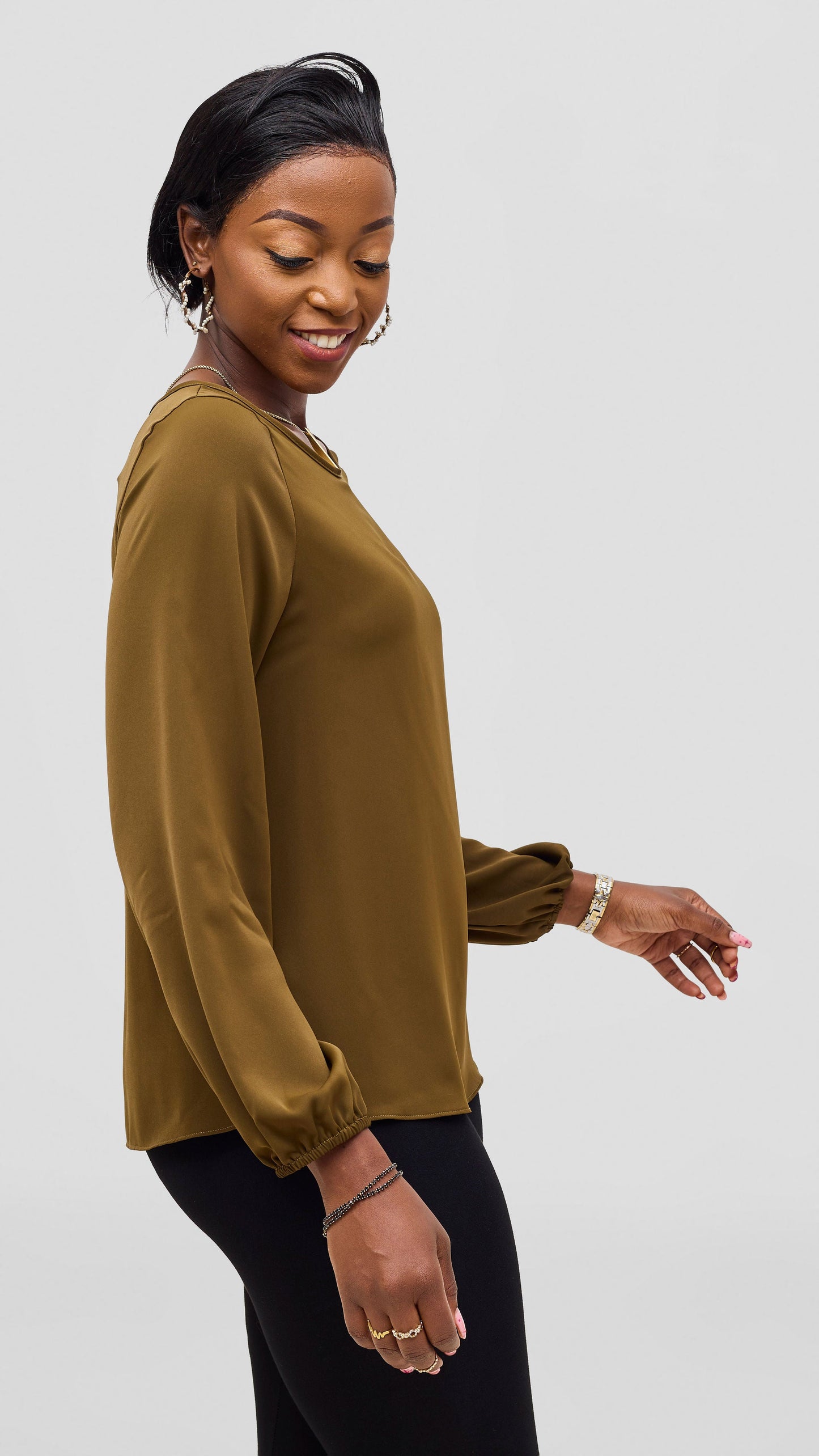Vivo Basic Crepe Bishop Sleeve Top - Dark Olive