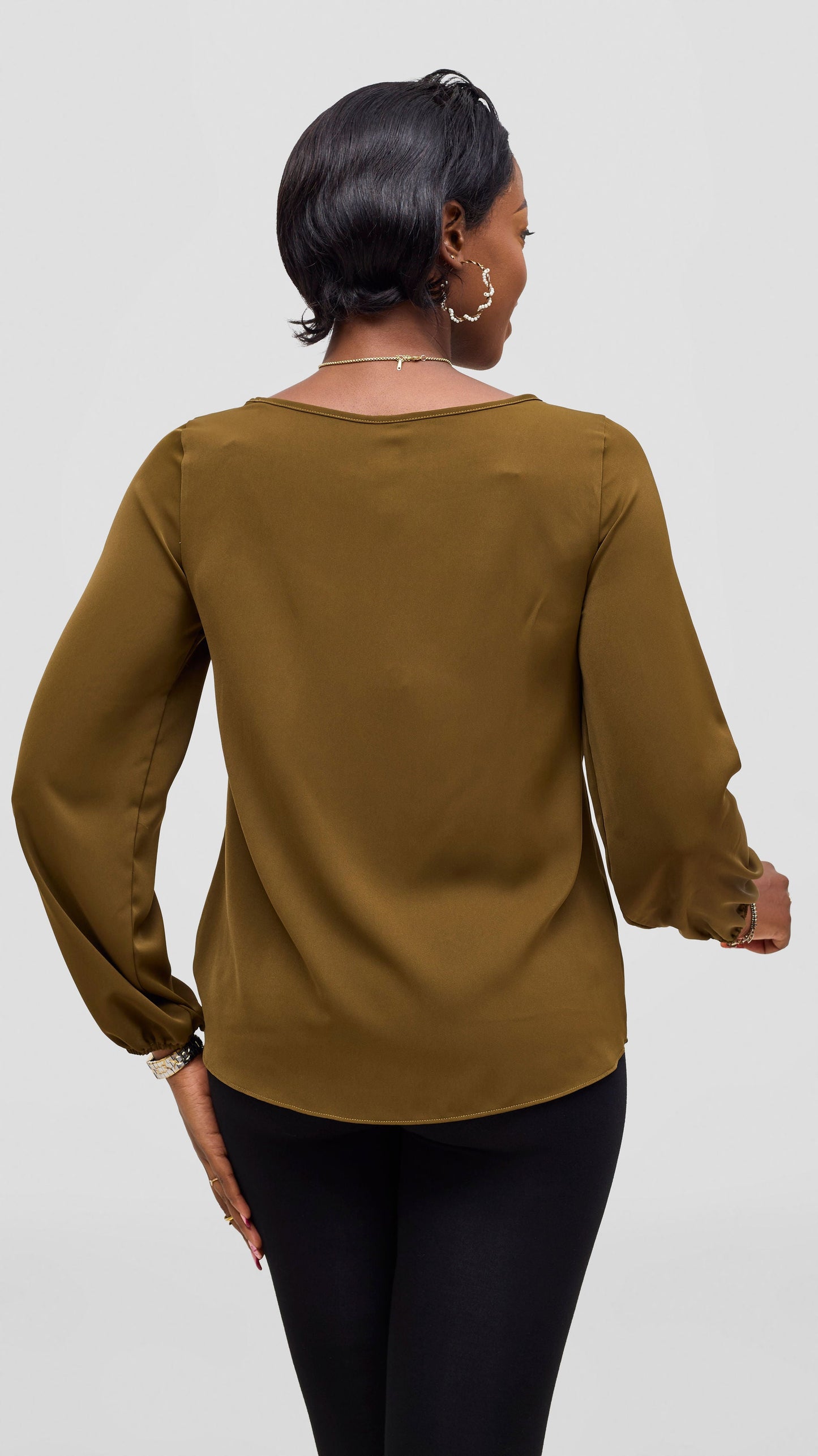 Vivo Basic Crepe Bishop Sleeve Top - Dark Olive