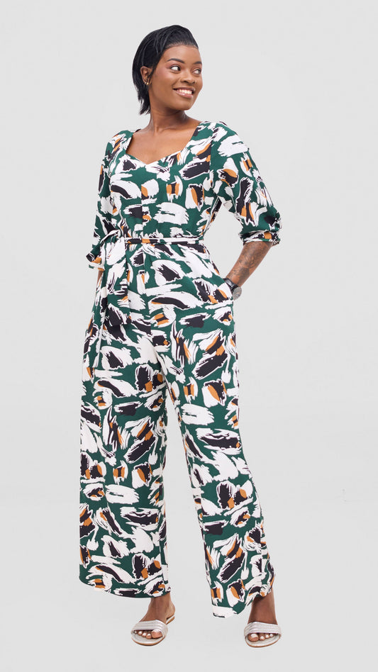 Vivo Zahari Sweatheart Neck Jumpsuit - Green / Black Print