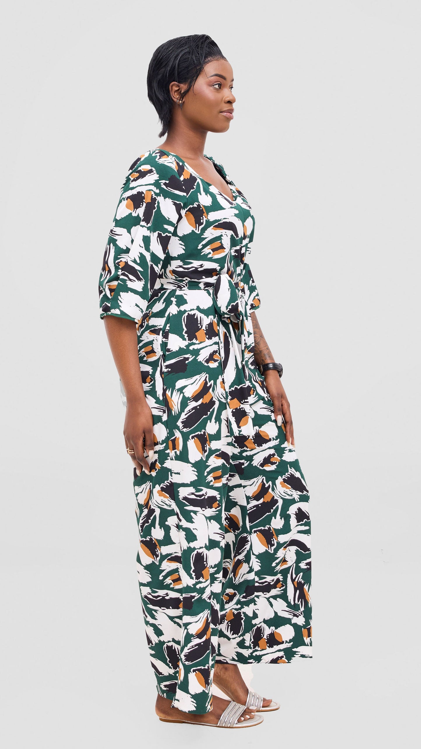 Vivo Zahari Sweatheart Neck Jumpsuit - Green / Black Print