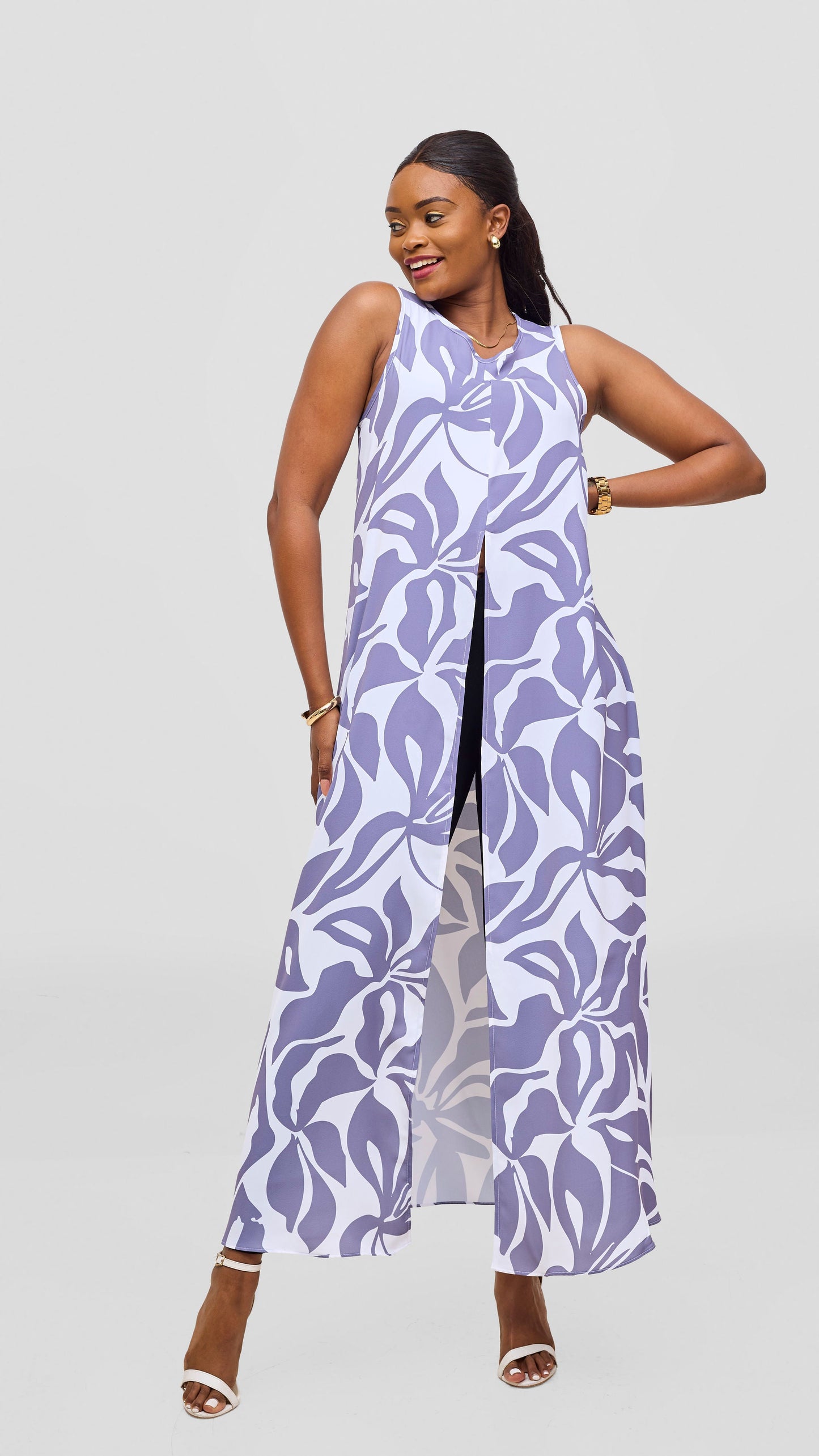 Vivo Talia Front Slit Maxi Top - White / Lilac Alia Print