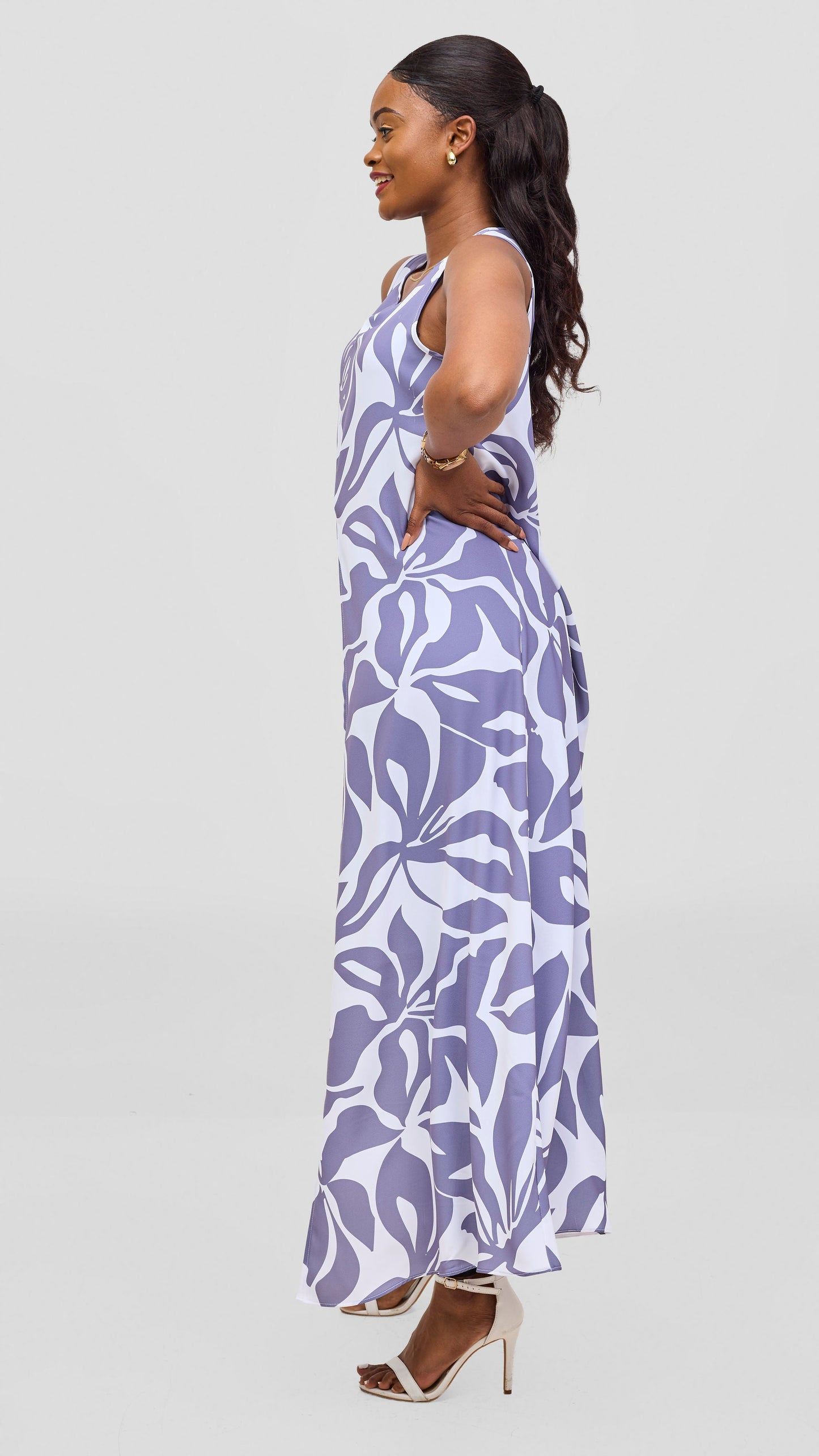 Vivo Talia Front Slit Maxi Top - White / Lilac Alia Print