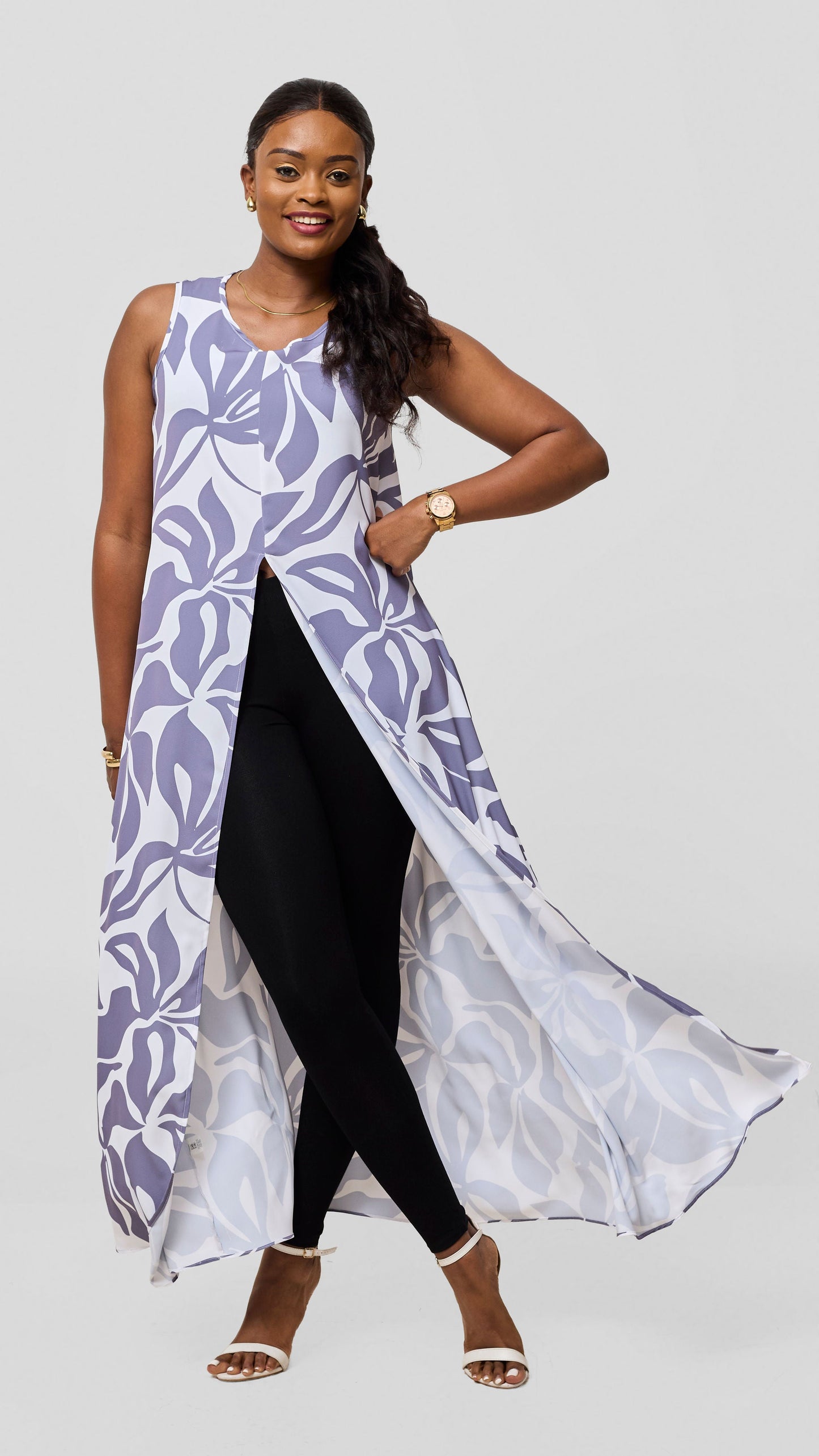 Vivo Talia Front Slit Maxi Top - White / Lilac Alia Print