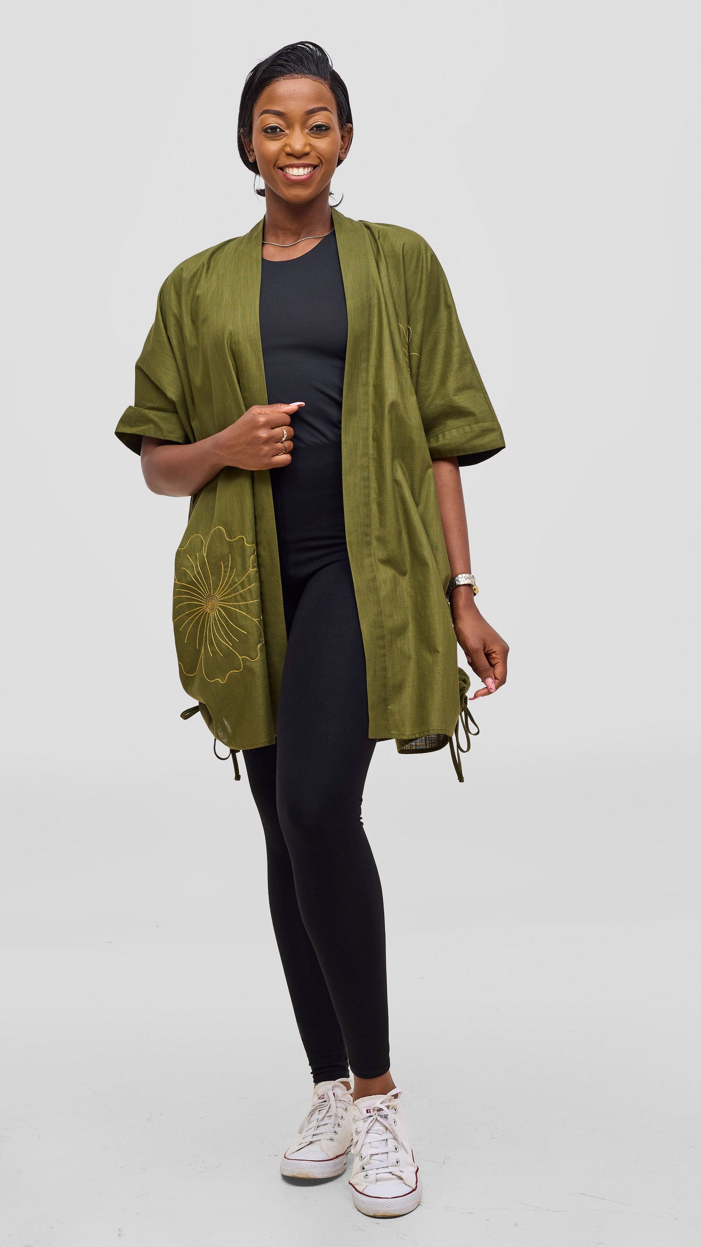 Vivo Liora Drawstring Kimono Sleeve Top - Olive Green