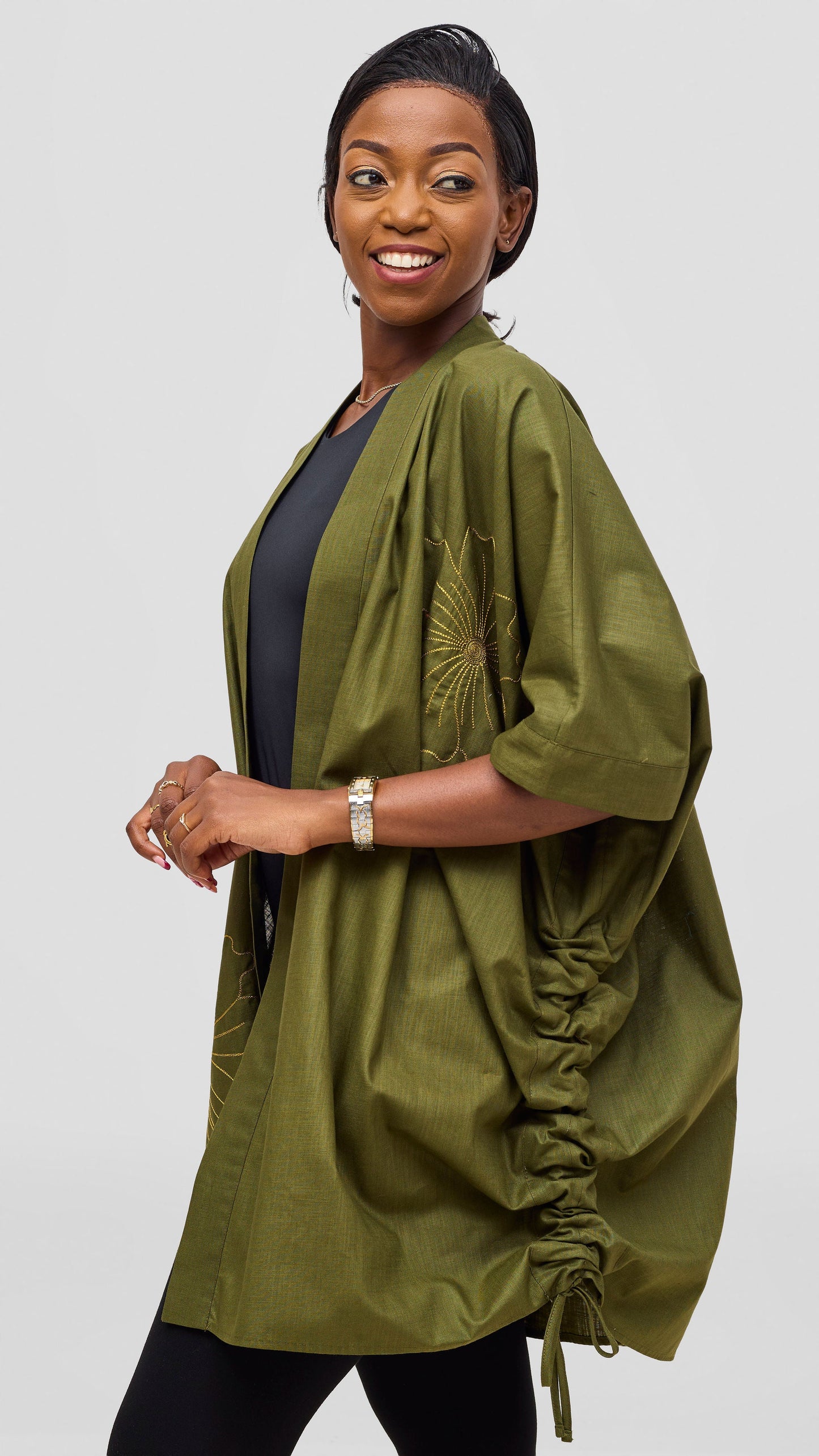 Vivo Liora Drawstring Kimono Sleeve Top - Olive Green