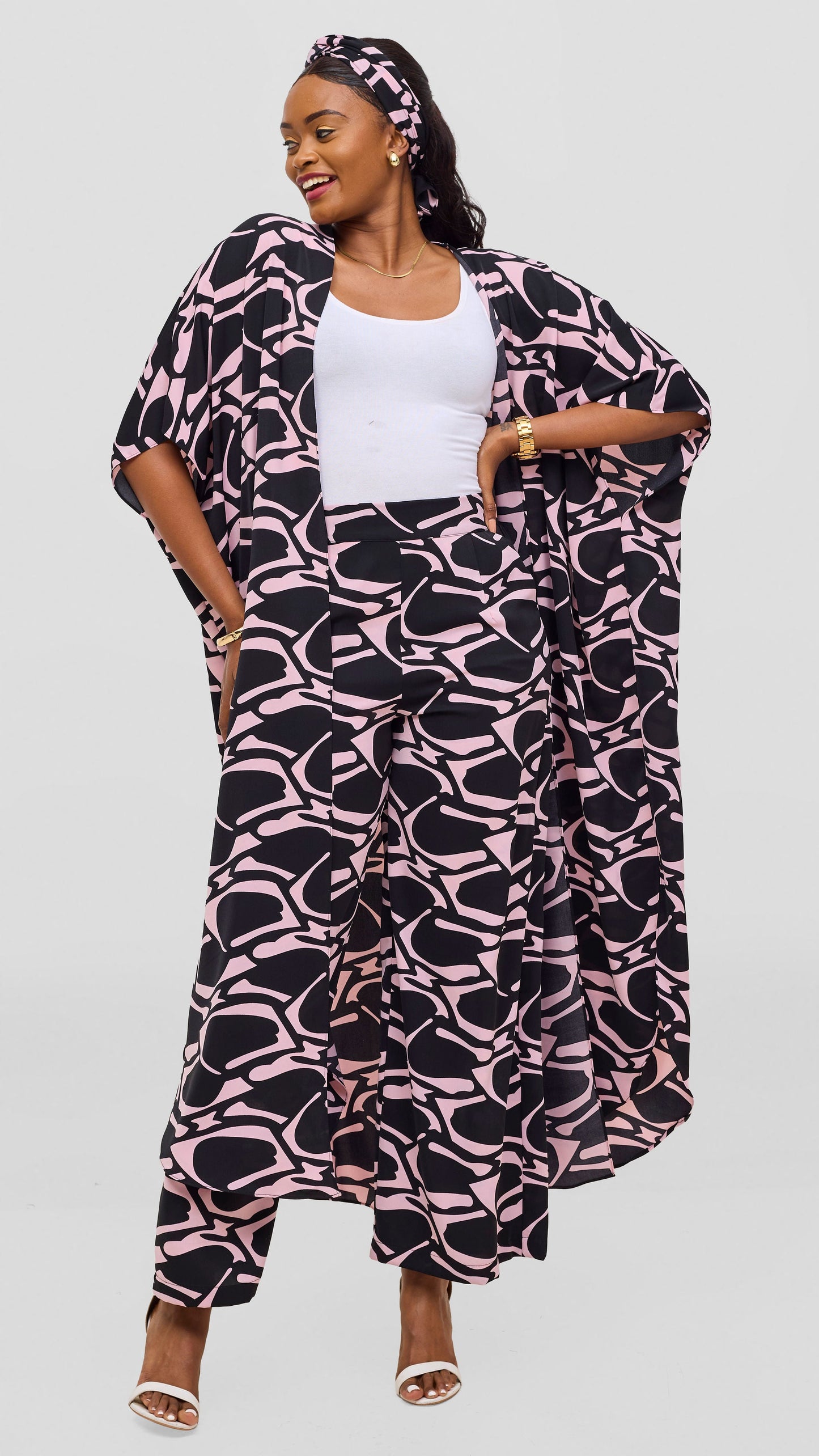 Vivo Maisha Kimono & Pant Set - Light Pink / Black Print