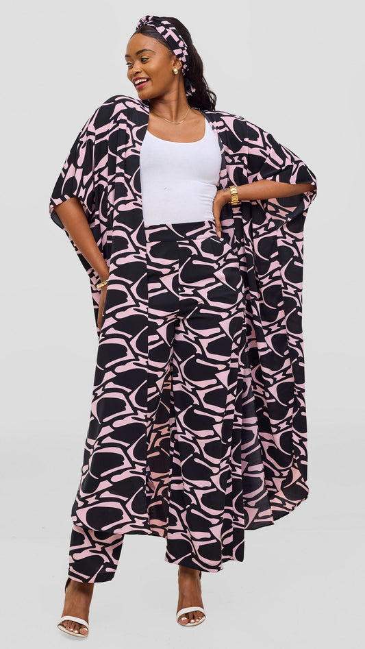 Vivo Maisha Kimono & Pant Set - Light Pink / Black Print