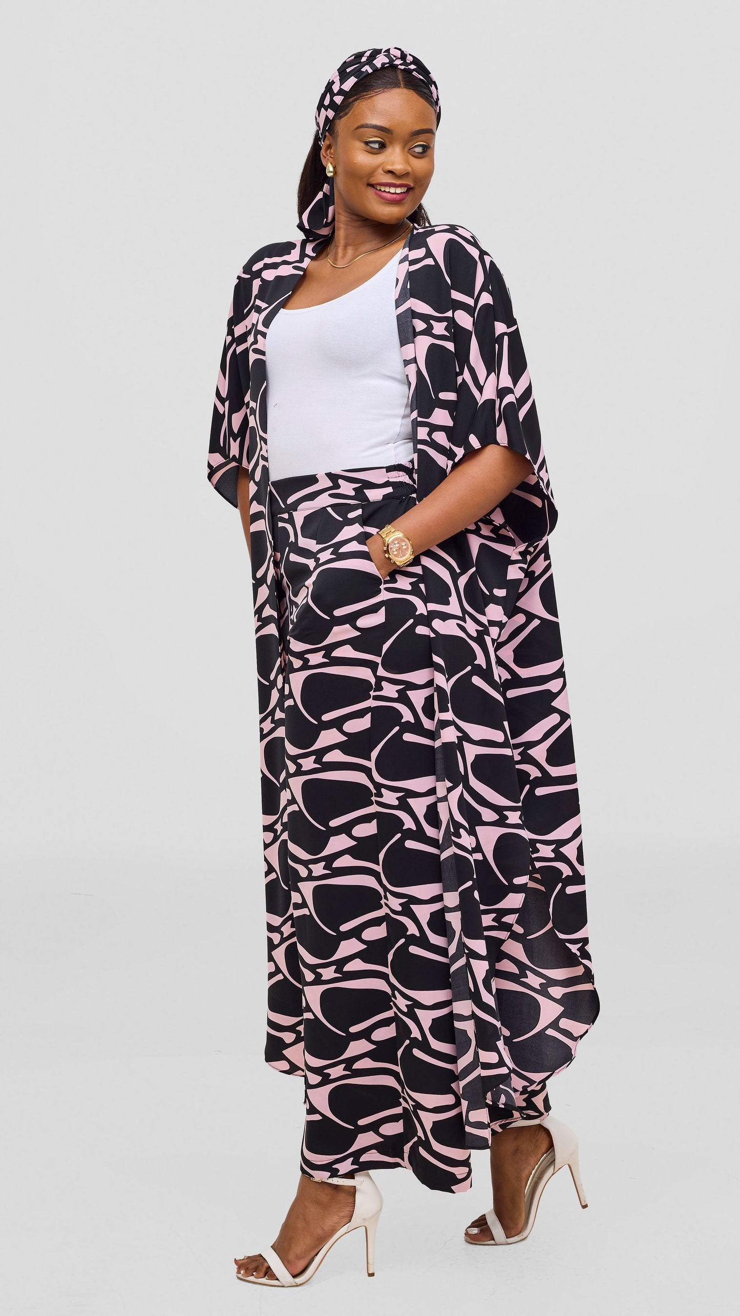 Vivo Maisha Kimono & Pant Set - Light Pink / Black Print