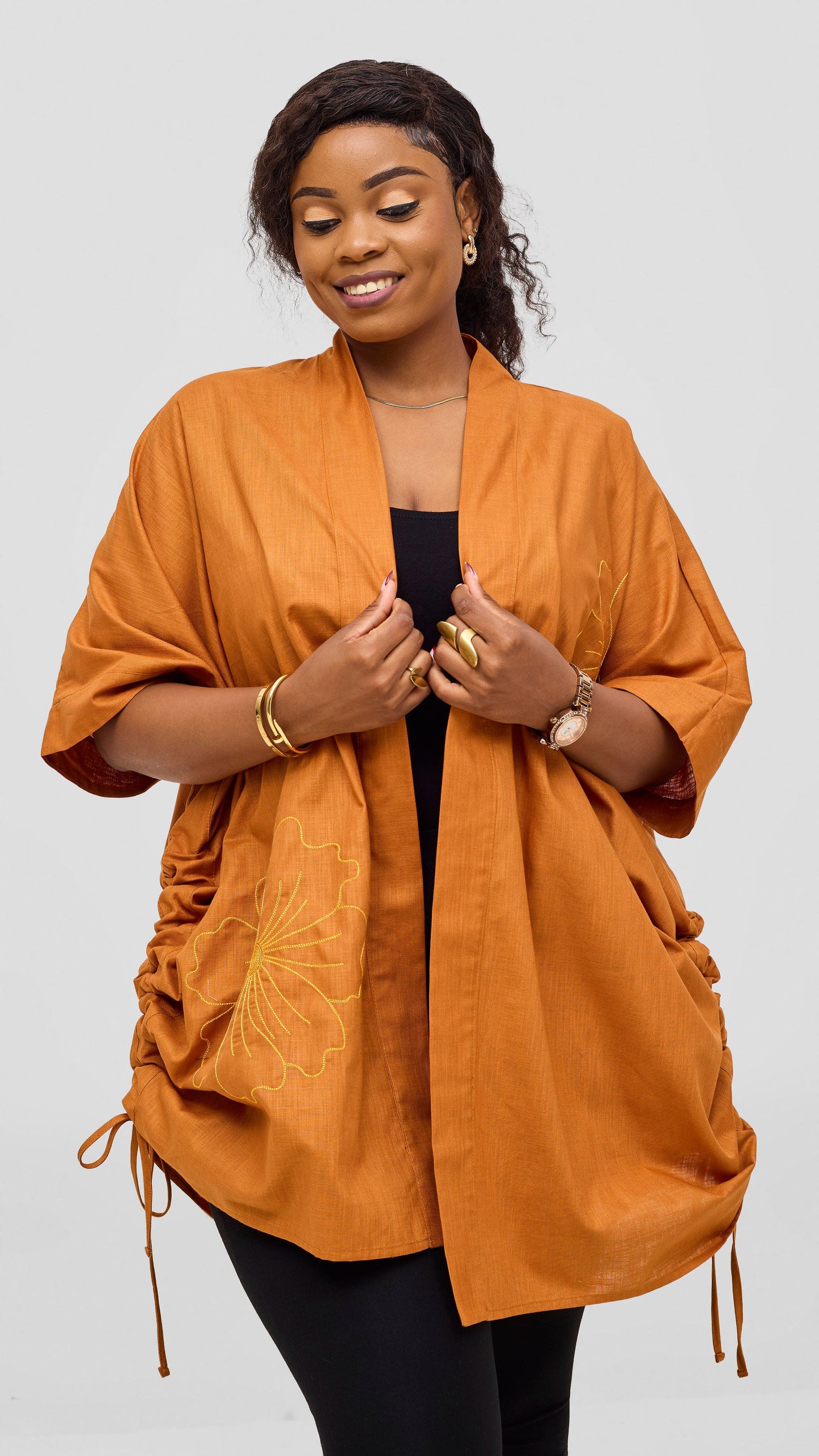 Safari by Vivo Zehra Embroidered Linen Kimono - Rust