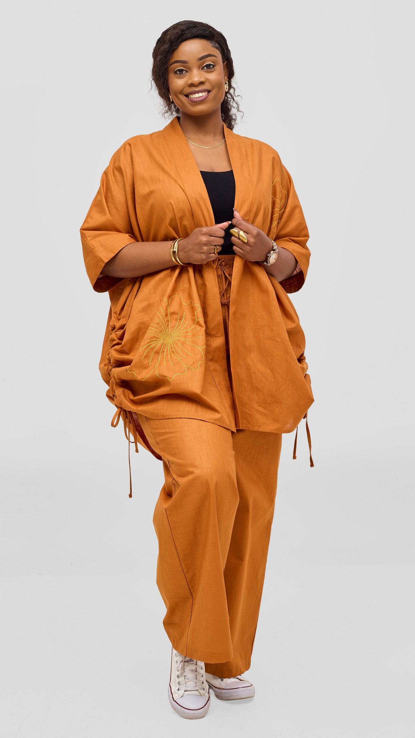 Safari by Vivo Zehra Embroidered Linen Kimono - Rust