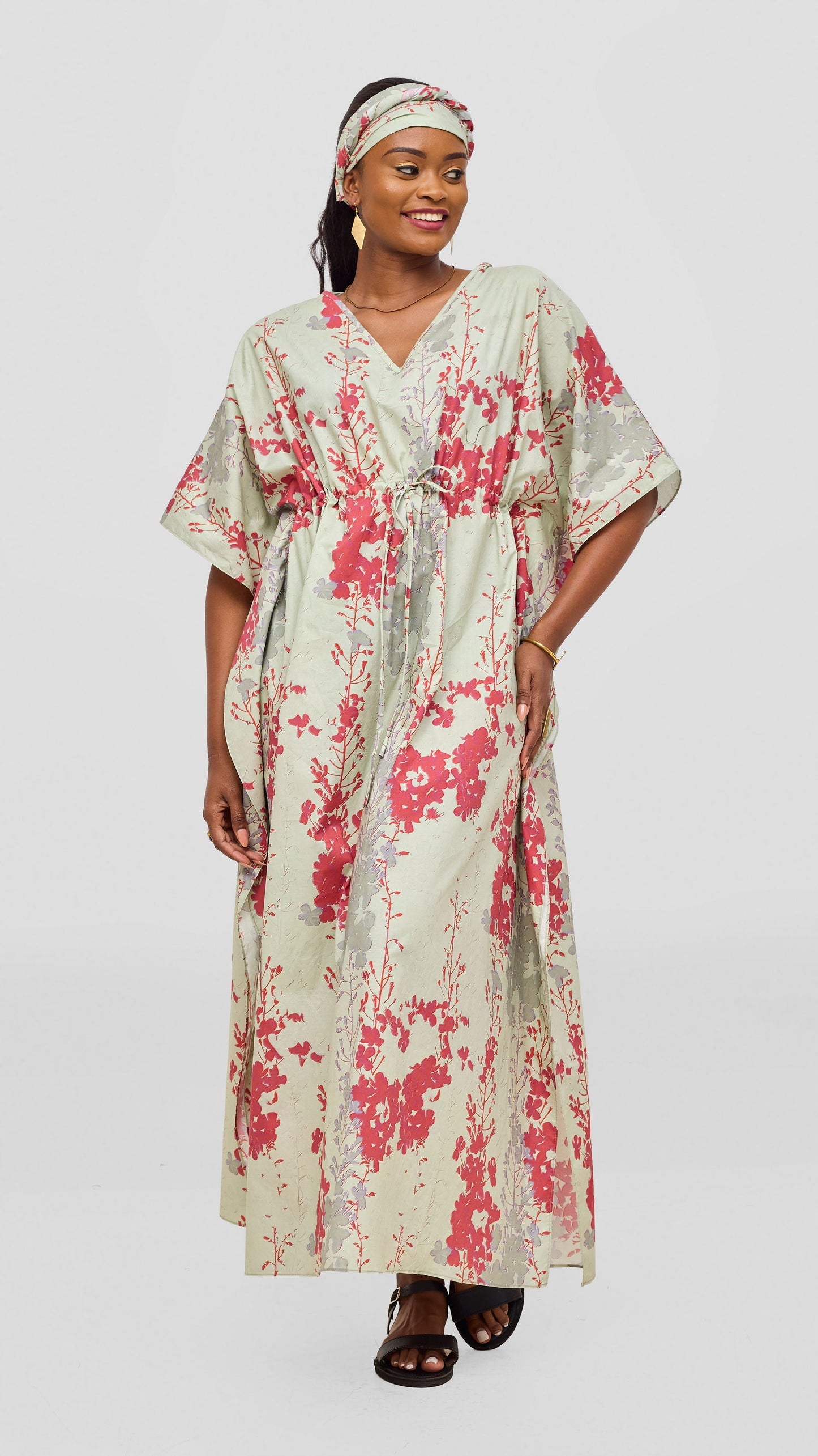 Safari by Vivo Cotton Wide Drawstring Kaftan - Mint / Red Print