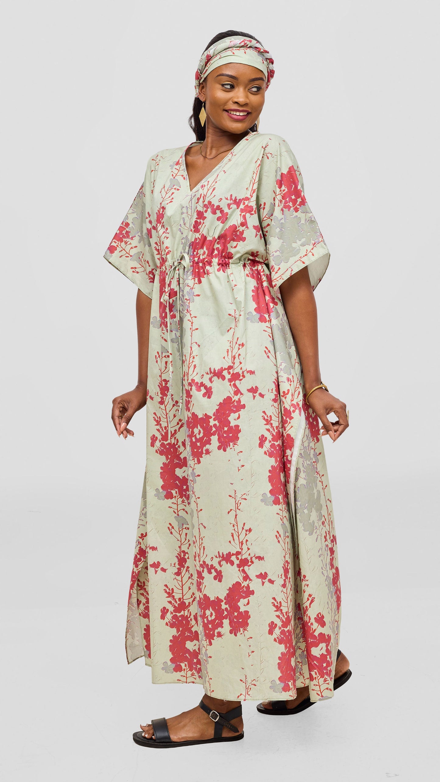 Safari by Vivo Cotton Wide Drawstring Kaftan - Mint / Red Print