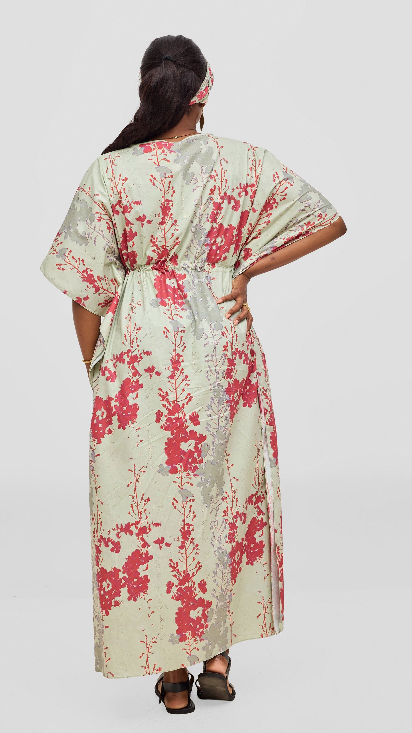 Safari by Vivo Cotton Wide Drawstring Kaftan - Mint / Red Print