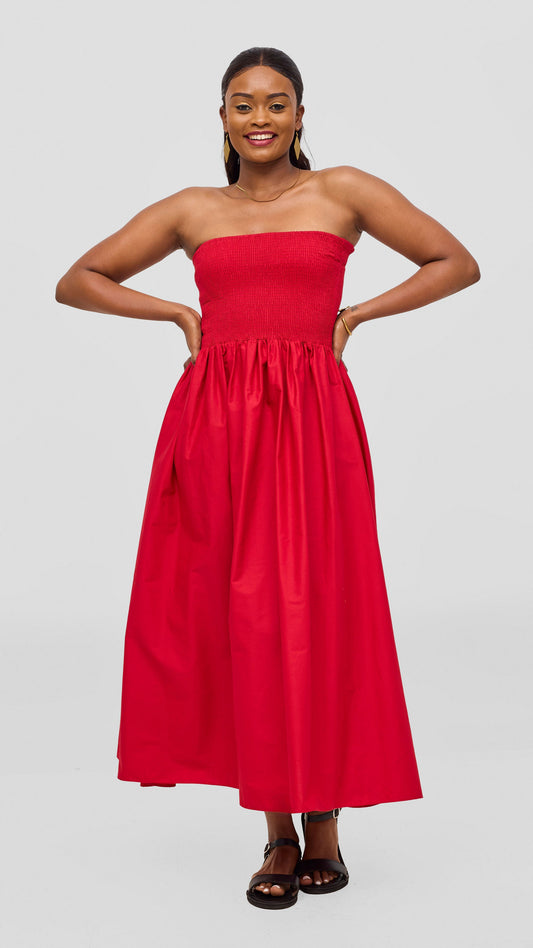 Safari by Vivo Zehra Shirred Midi Dress - Red