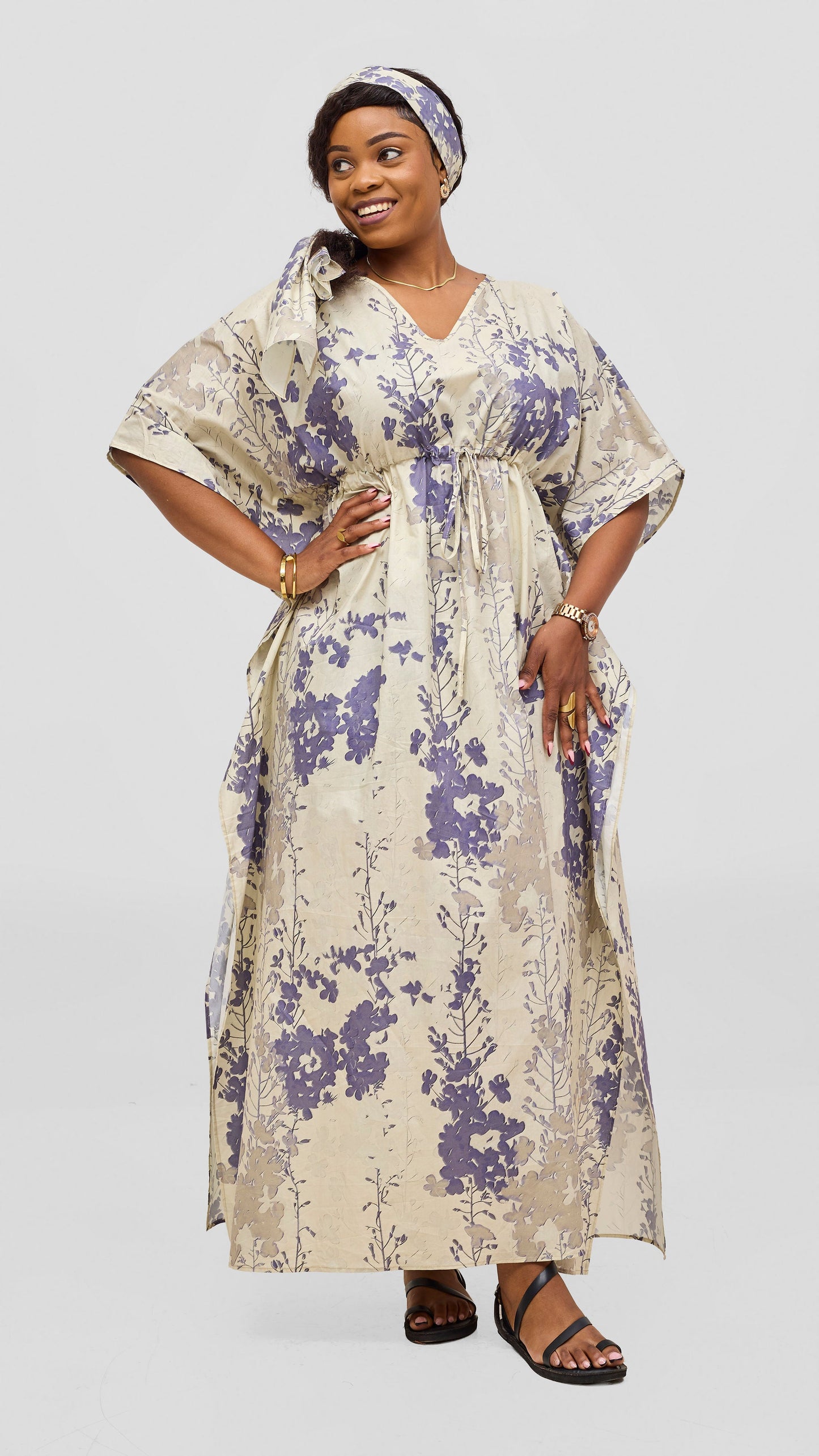 Safari by Vivo Cotton Wide Drawstring Kaftan - Cream / Lilac Print