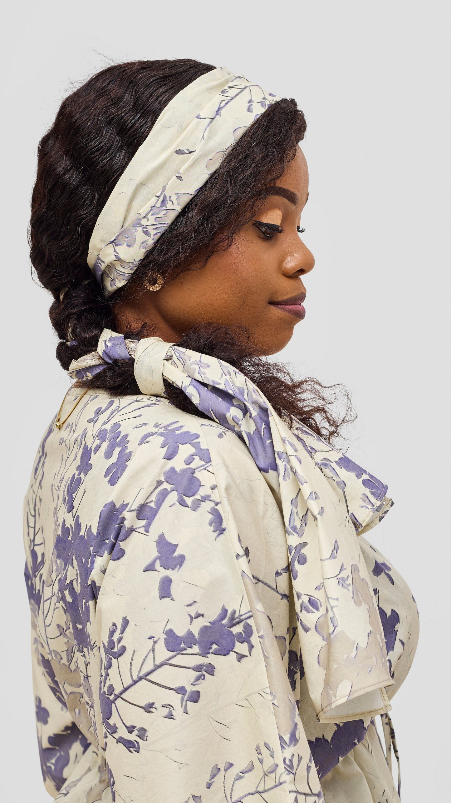 Safari by Vivo Cotton Wide Drawstring Kaftan - Cream / Lilac Print