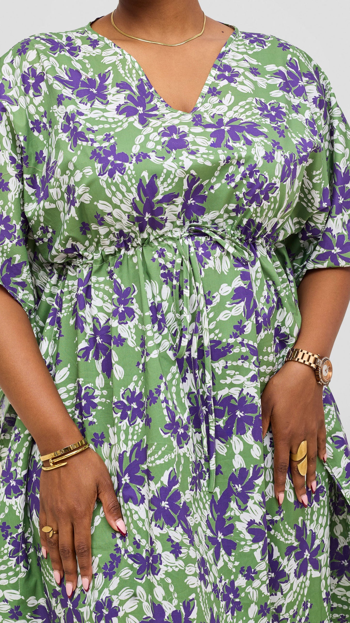 Safari by Vivo Cotton Wide Drawstring Kaftan - Green / Purple Print