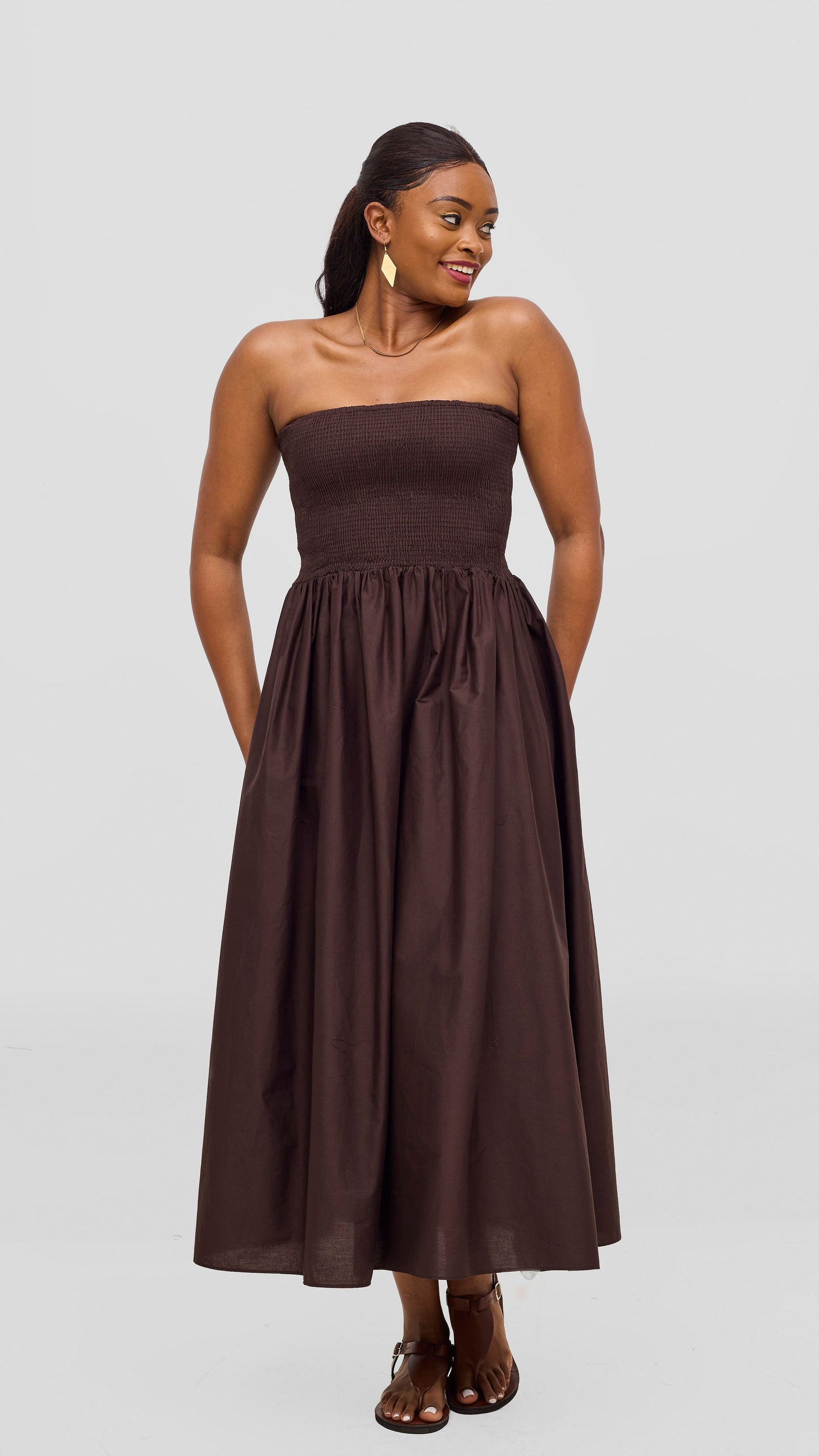 Safari by Vivo Zehra Shirred Midi Dress - Chocolate