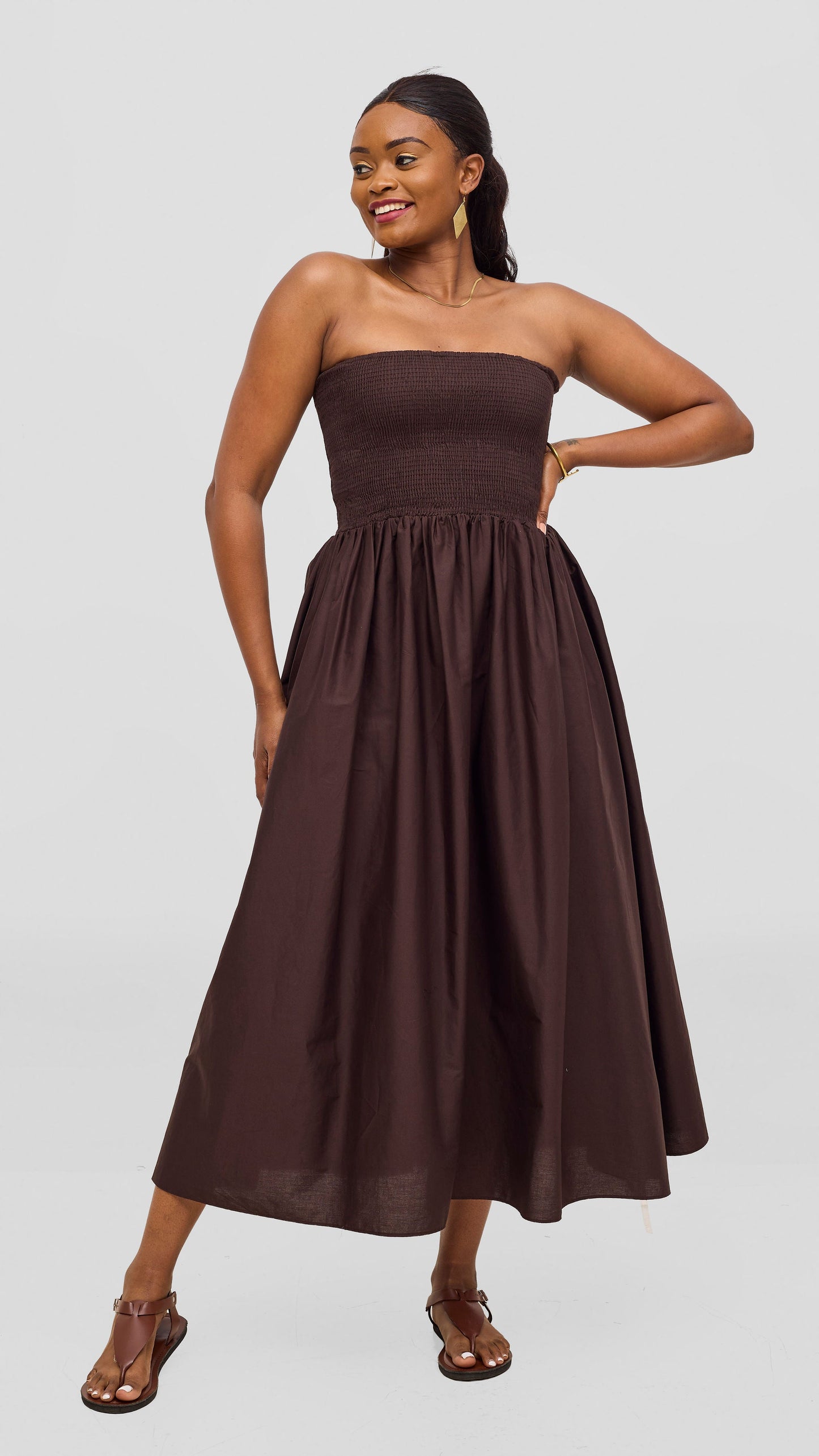 Safari by Vivo Zehra Shirred Midi Dress - Chocolate