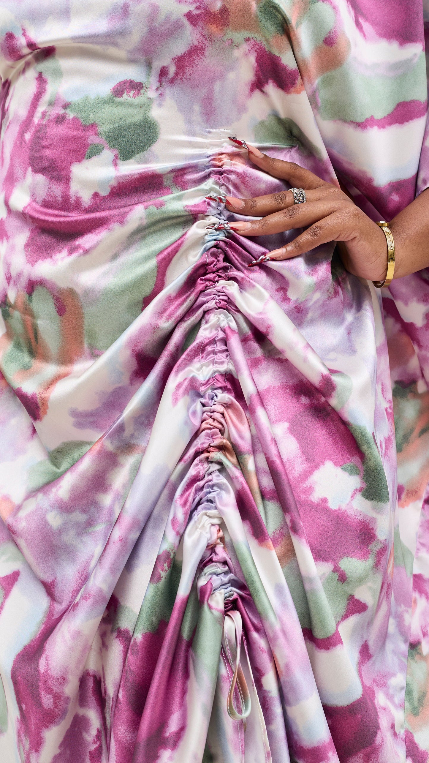 Vivo Liora Side Drawstring Kaftan Dress - Light Pink / Fuschia Print