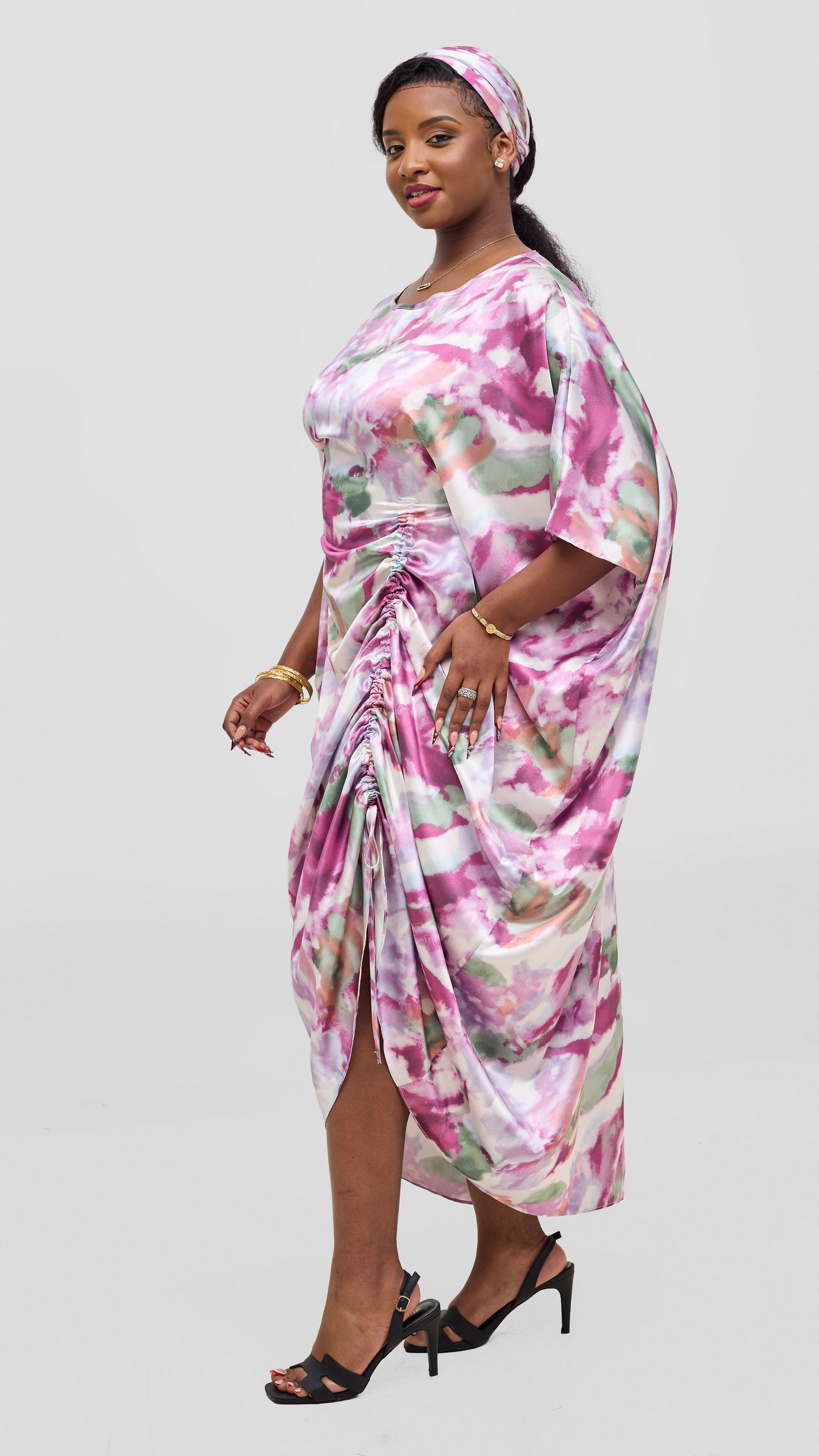 Vivo Liora Side Drawstring Kaftan Dress - Light Pink / Fuschia Print