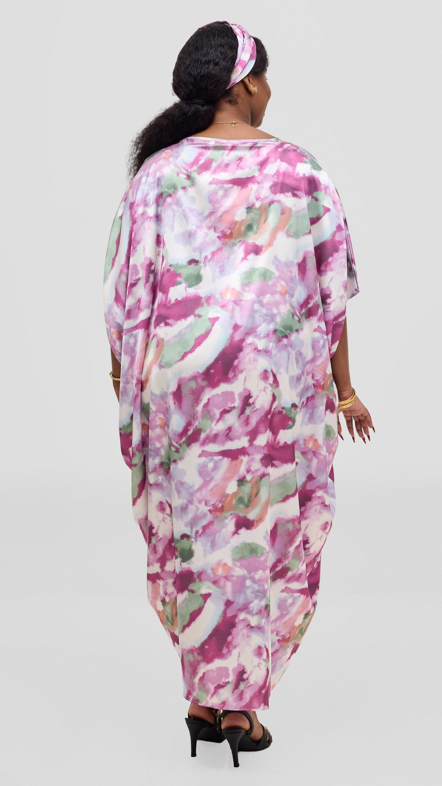 Vivo Liora Side Drawstring Kaftan Dress - Light Pink / Fuschia Print