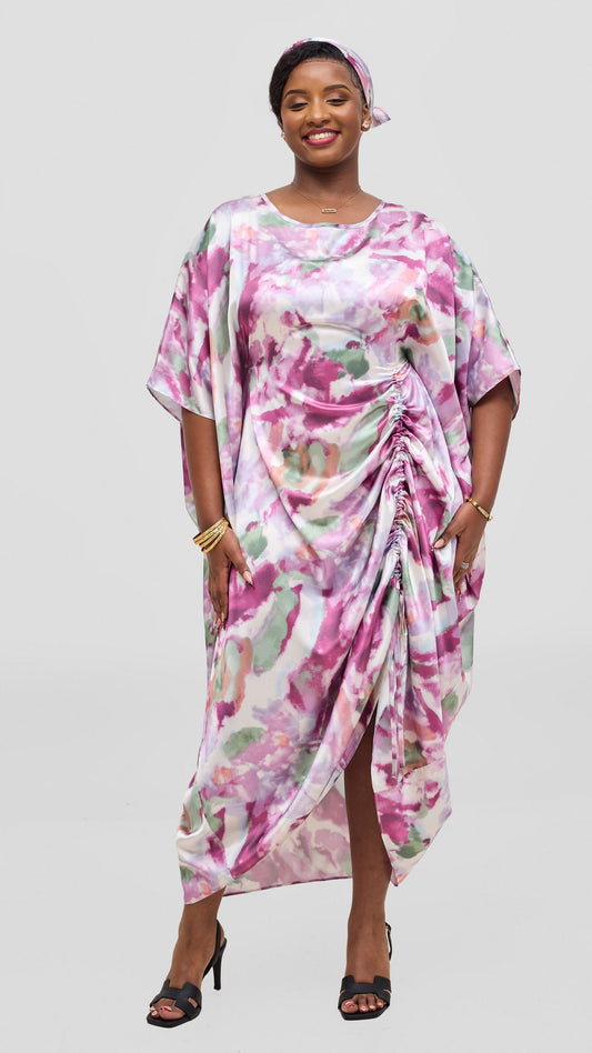 Vivo Liora Side Drawstring Kaftan Dress - Light Pink / Fuschia Print