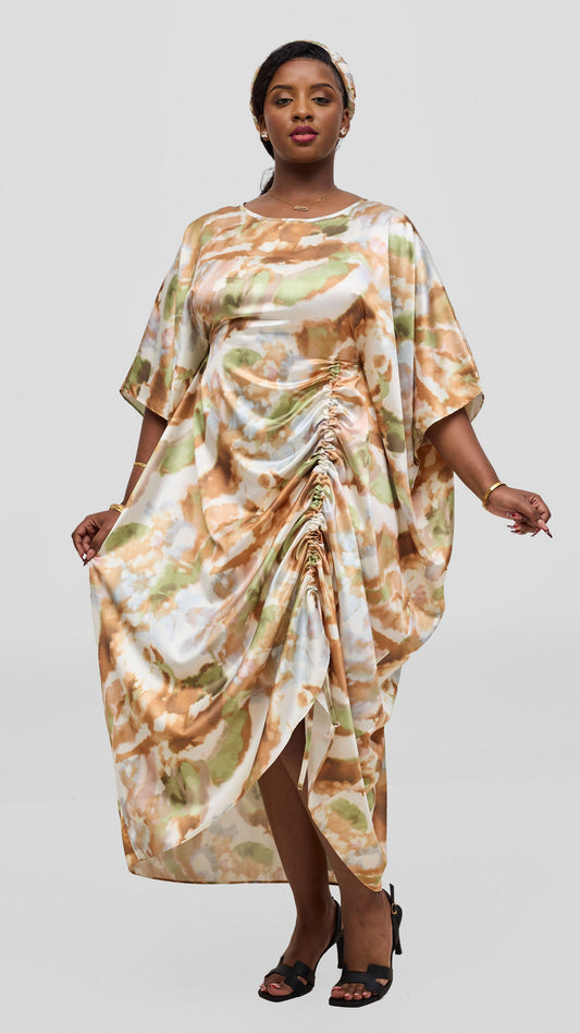 Vivo Liora Side Drawstring Kaftan Dress - Cream / Brown Print